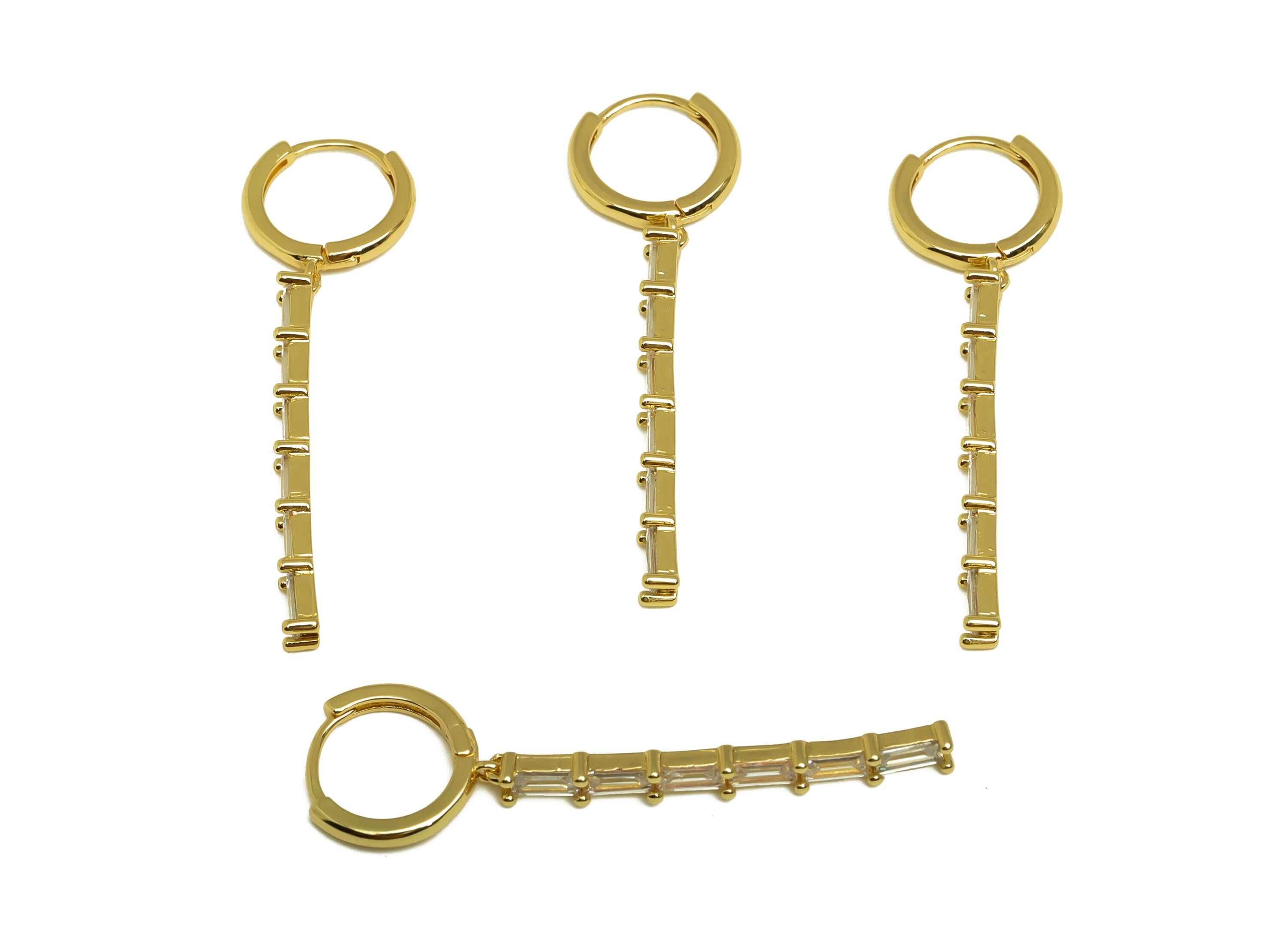 Brass CZ Dangle Earring - Zircon Rectangle Bar Hoop Ear - Gold Huggie Dangle Earring - 18K Real Gold Plating - 47.55x13.78x2.35mm - RGP7996 - DOMEDBAZAAR