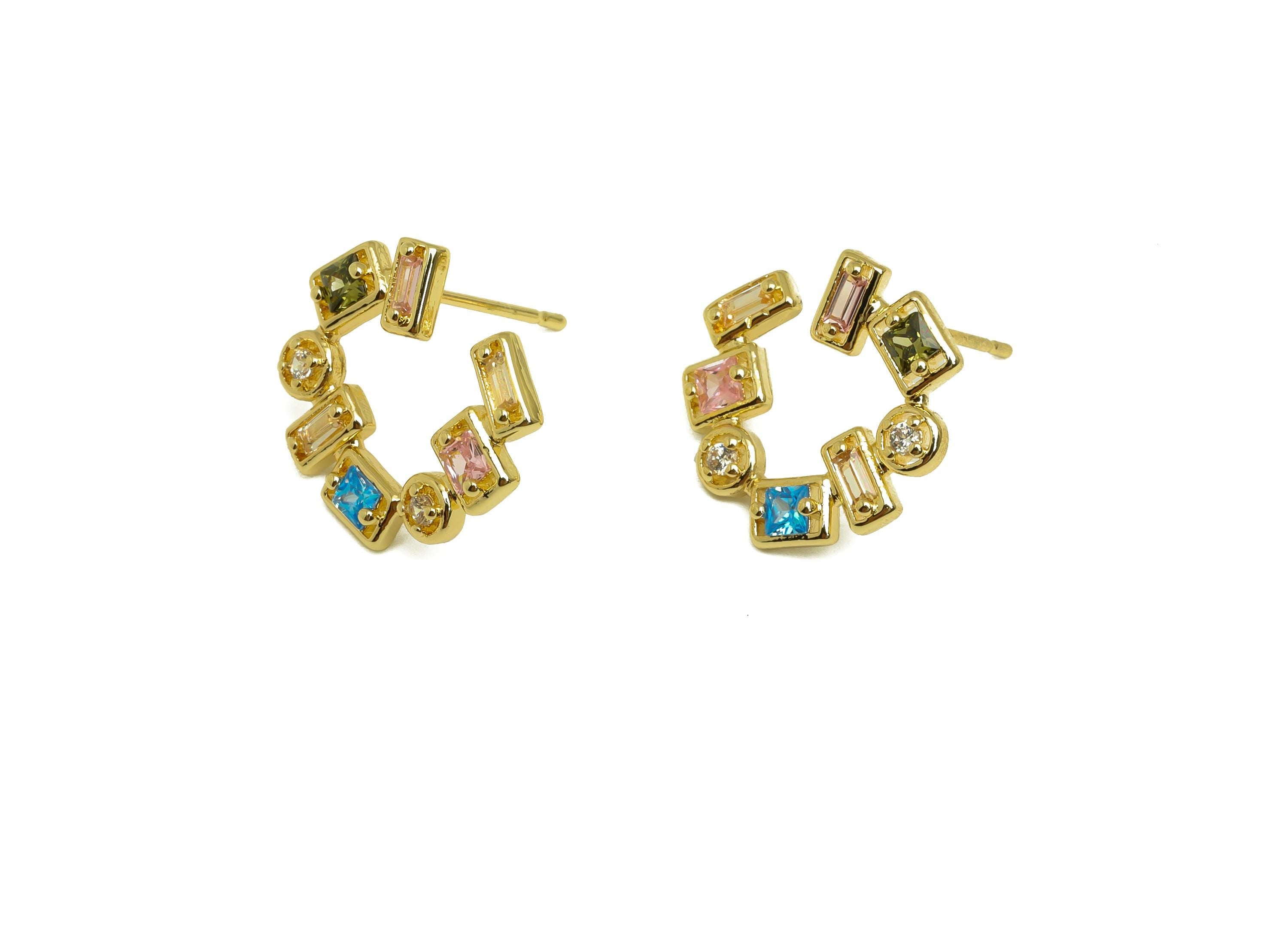 Brass Round Earring - Gold Colorful Zircon Earring Stud - CZ Round Geometry Ear Post - 18K Real Gold Plating - 14.41x16.41x2.26mm - RGP7997 - DOMEDBAZAAR