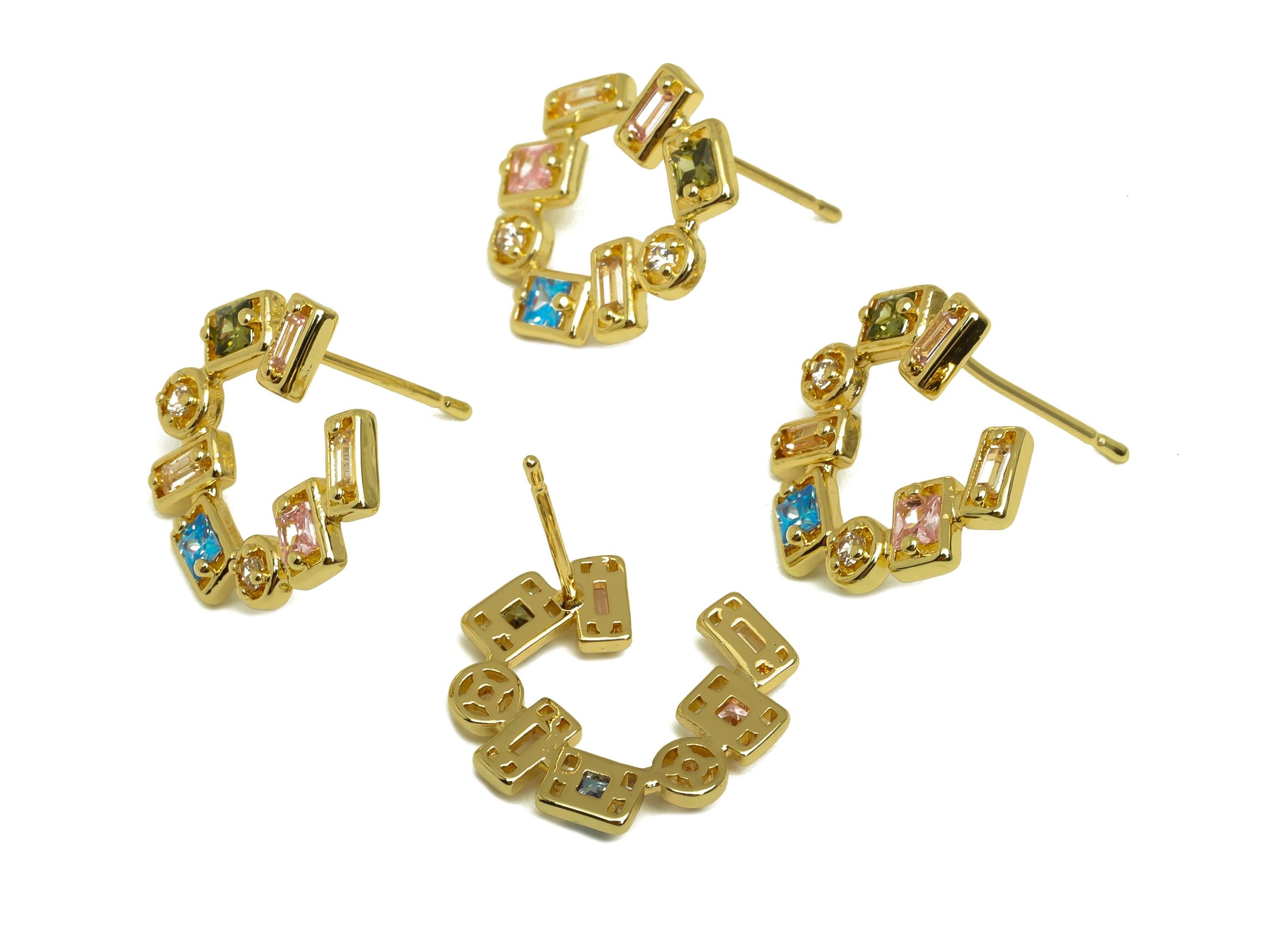 Brass Round Earring - Gold Colorful Zircon Earring Stud - CZ Round Geometry Ear Post - 18K Real Gold Plating - 14.41x16.41x2.26mm - RGP7997 - DOMEDBAZAAR