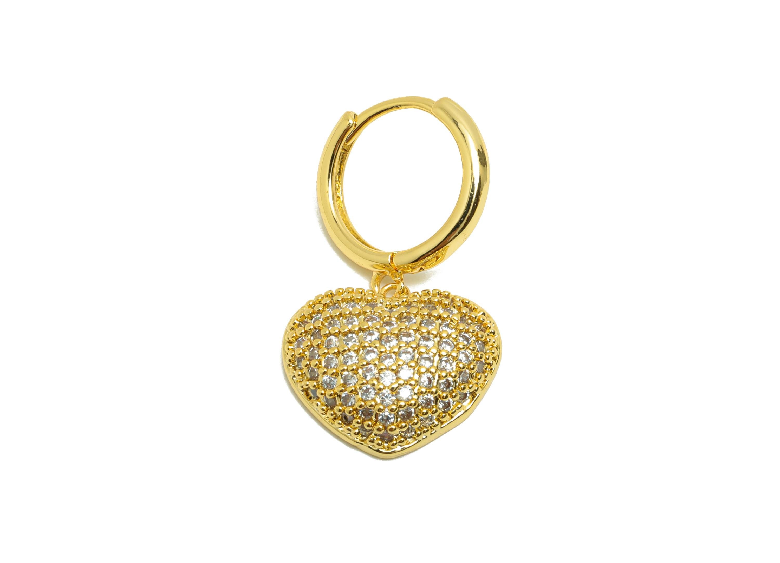 Brass Heart Dangle Earring - Zircon Huggie Earring for Woman - Gold Ear for Valentine&#39;s Day - 18K Real Gold Plating - 29x16x4.8mm - RGP8753 - DOMEDBAZAAR