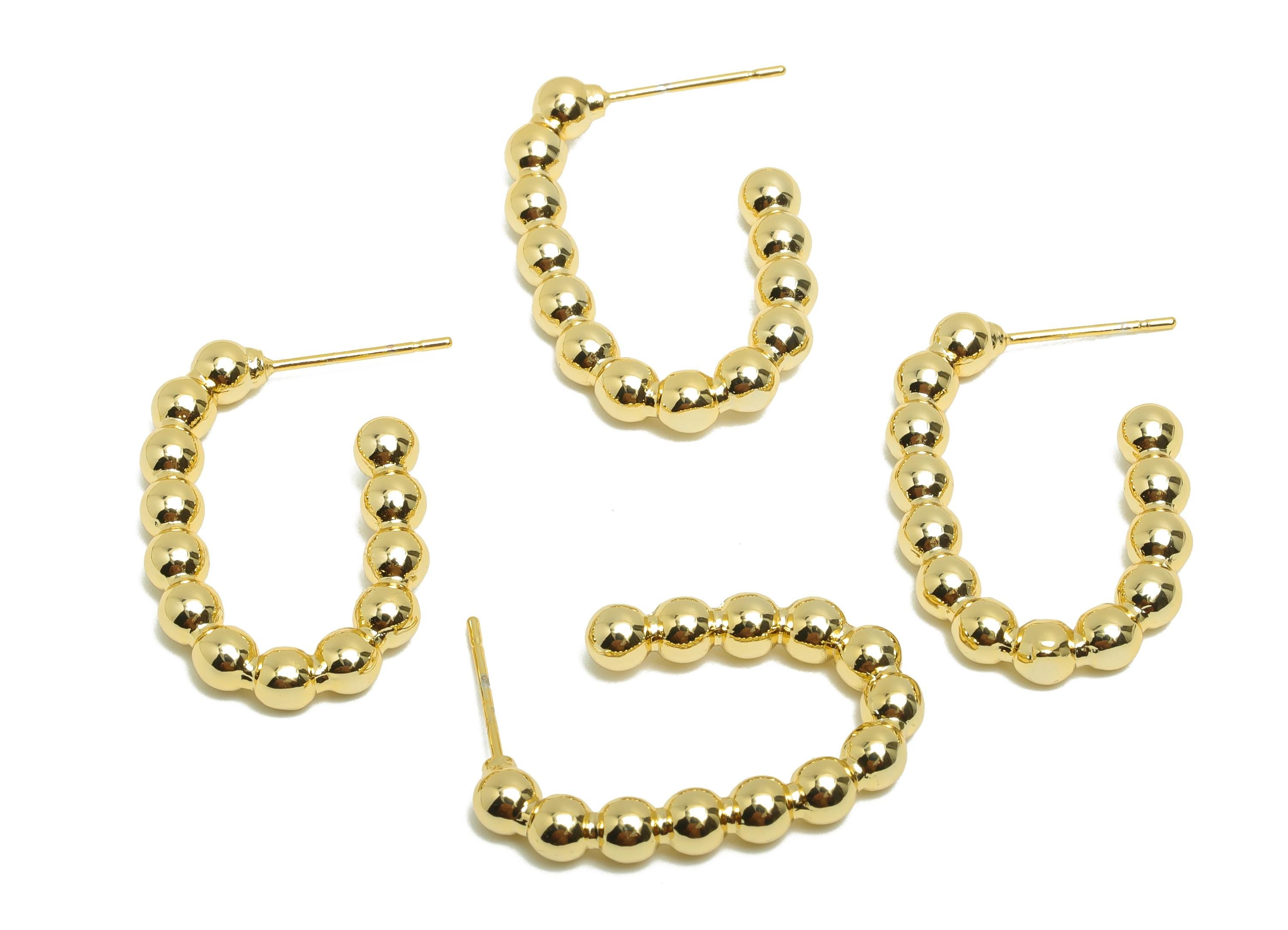 Brass Ball C Hoop Earring - Gold Oval Beads Earring Stud for Woman&#39;s - Open Oval Earring Post - 18K Real Gold Plated -27x17.6x3.9mm- RGP8754 - DOMEDBAZAAR