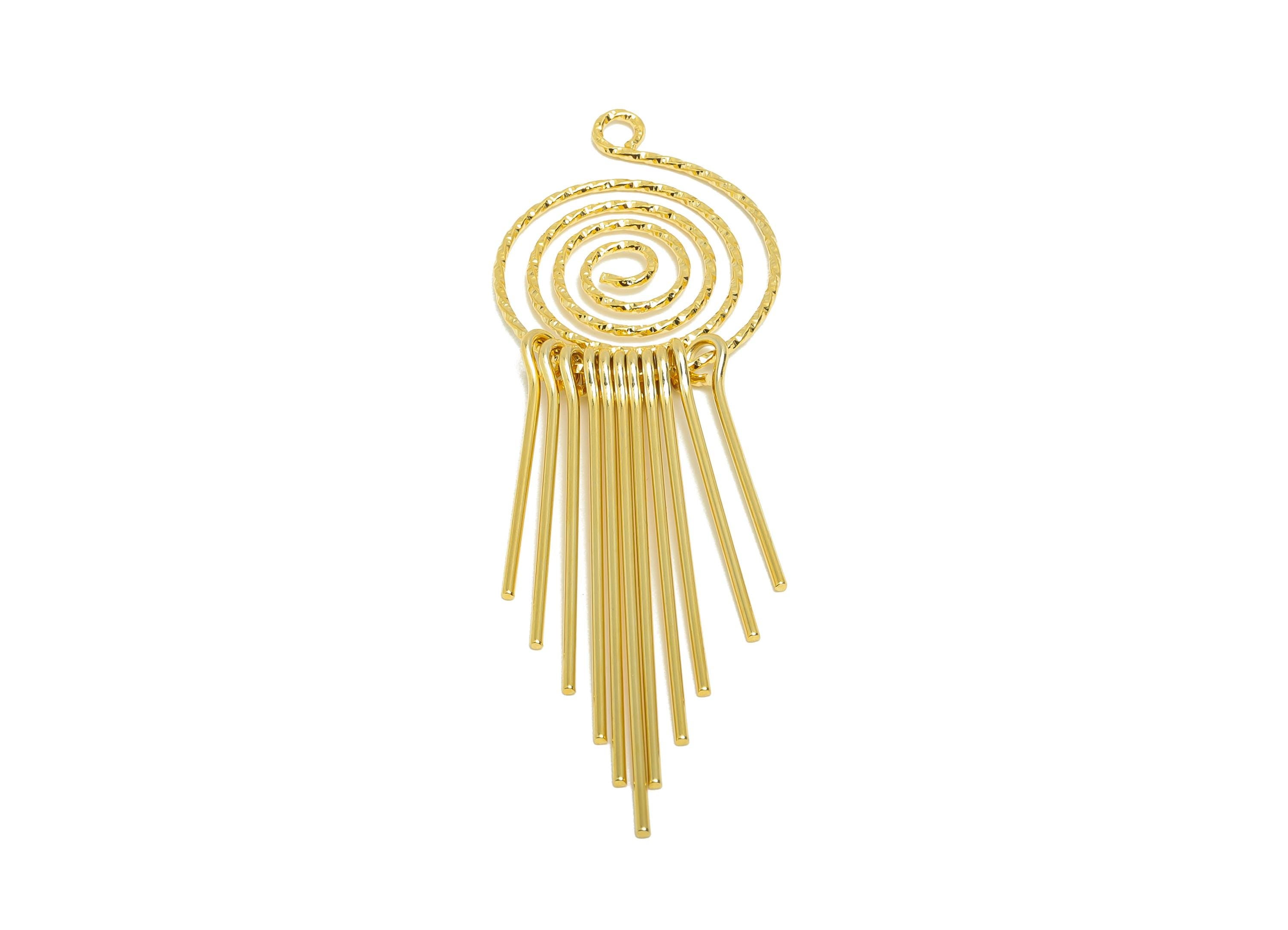 Brass Spiral Fringe Charm - Round Spiral Fringe Charm for Earring - Gold Hammered Pendant - 18K Real Gold Plating - 86x27.4x5.4mm - RGP8761 - DOMEDBAZAAR