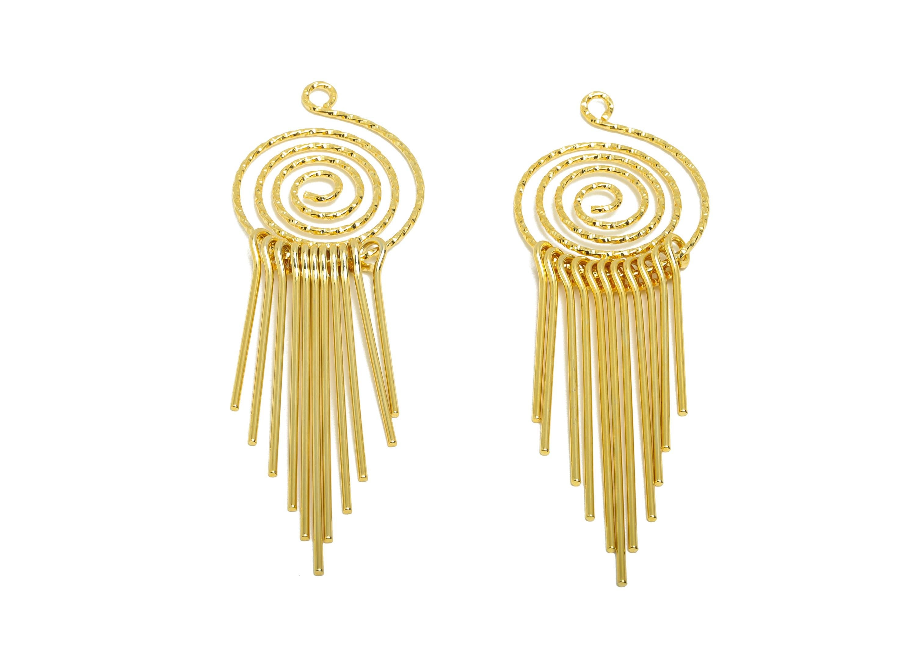 Brass Spiral Fringe Charm - Round Spiral Fringe Charm for Earring - Gold Hammered Pendant - 18K Real Gold Plating - 86x27.4x5.4mm - RGP8761 - DOMEDBAZAAR