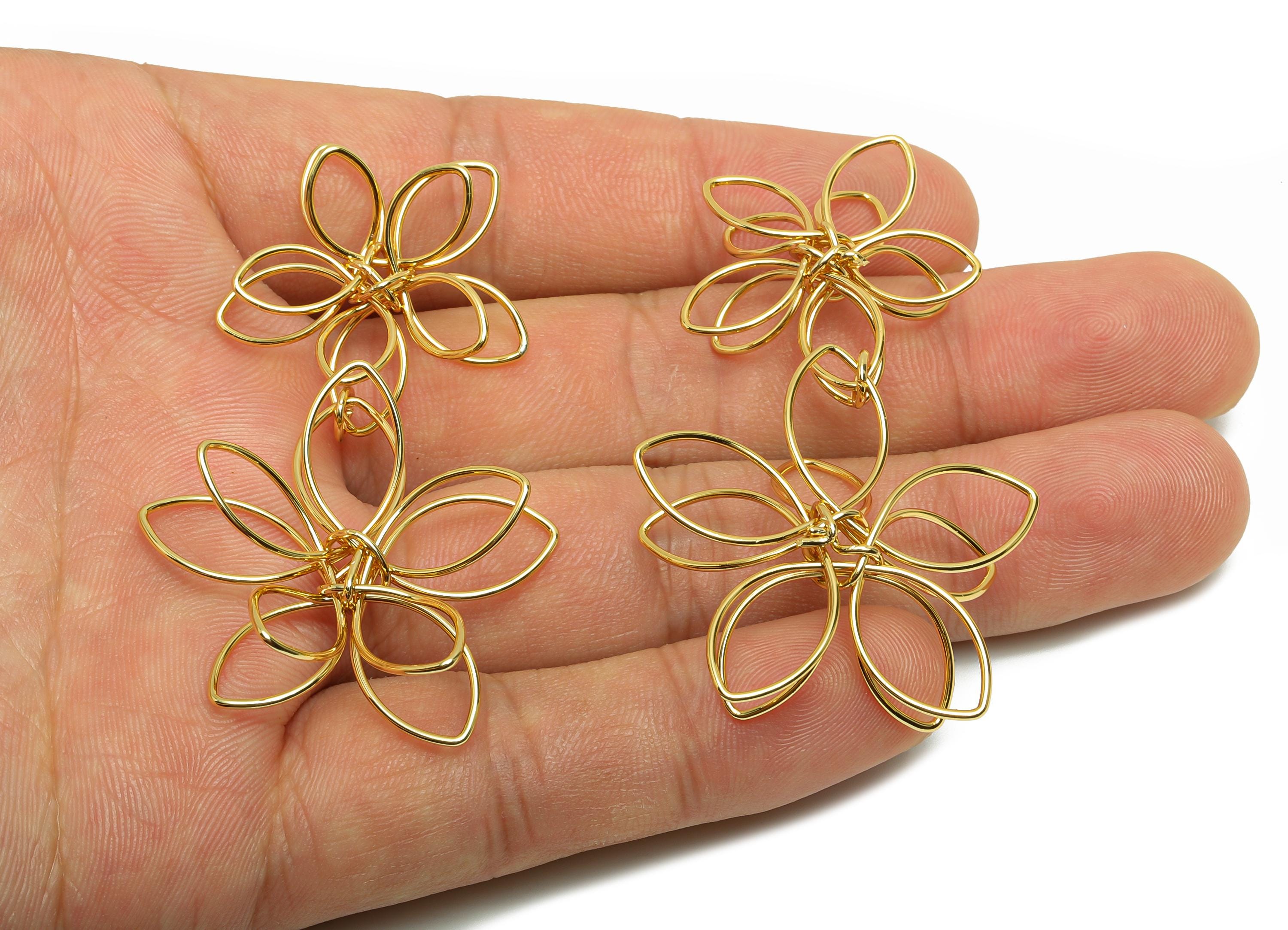 Brass Flower Earring Charm - Gold Hollow Sakura Charm for Necklace - Hollow Flower Pendant - 18K Real Gold Plating - 62x36x7mm - RGP8763 - DOMEDBAZAAR