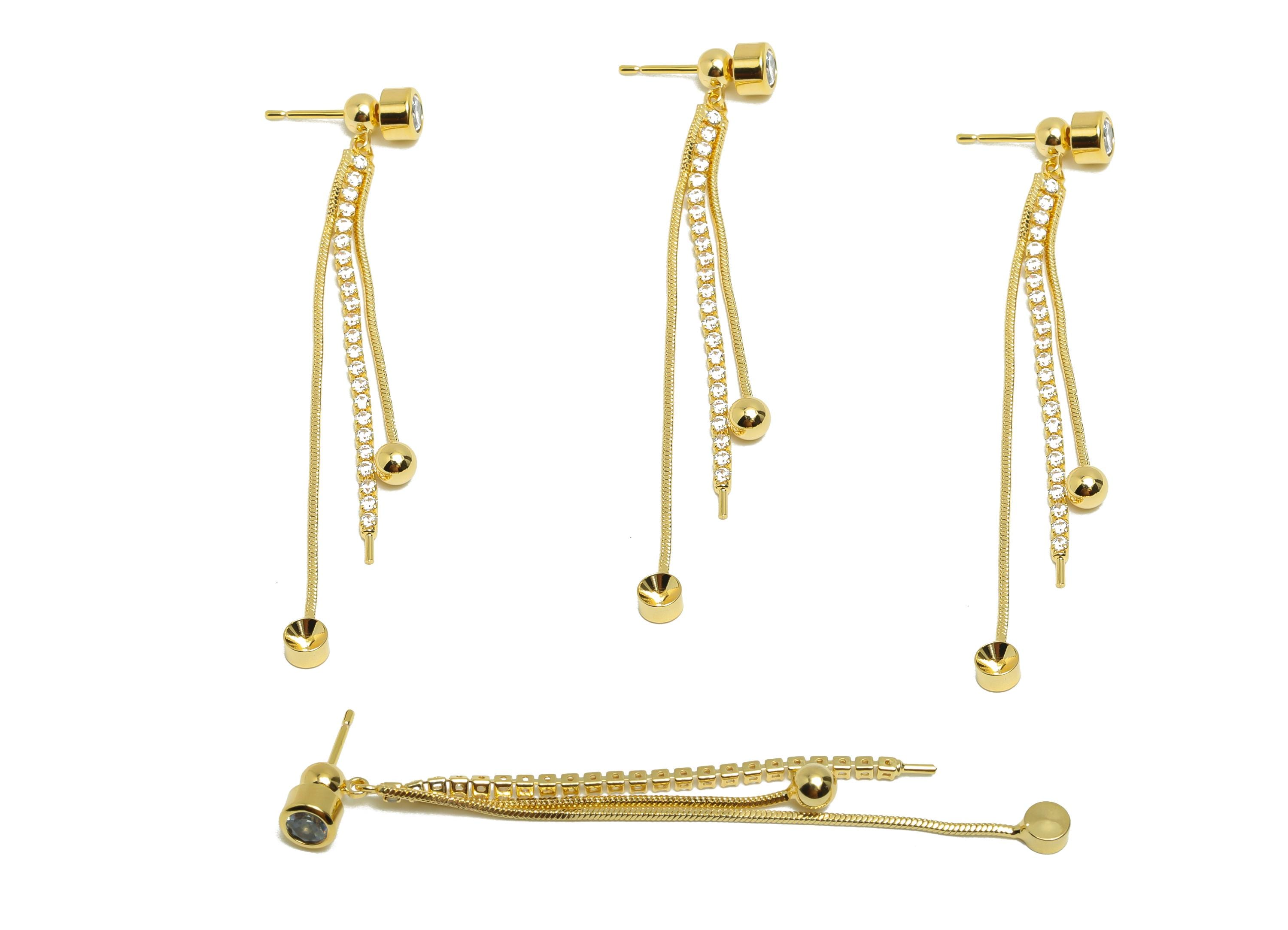 Brass Round Earring Stud - Zircon Chain Tassel Ear Stopper for Woman&#39;s - Gold Dangle Earring - 18K Real Gold Plating - 67x5x3.5mm - RGP8767 - DOMEDBAZAAR