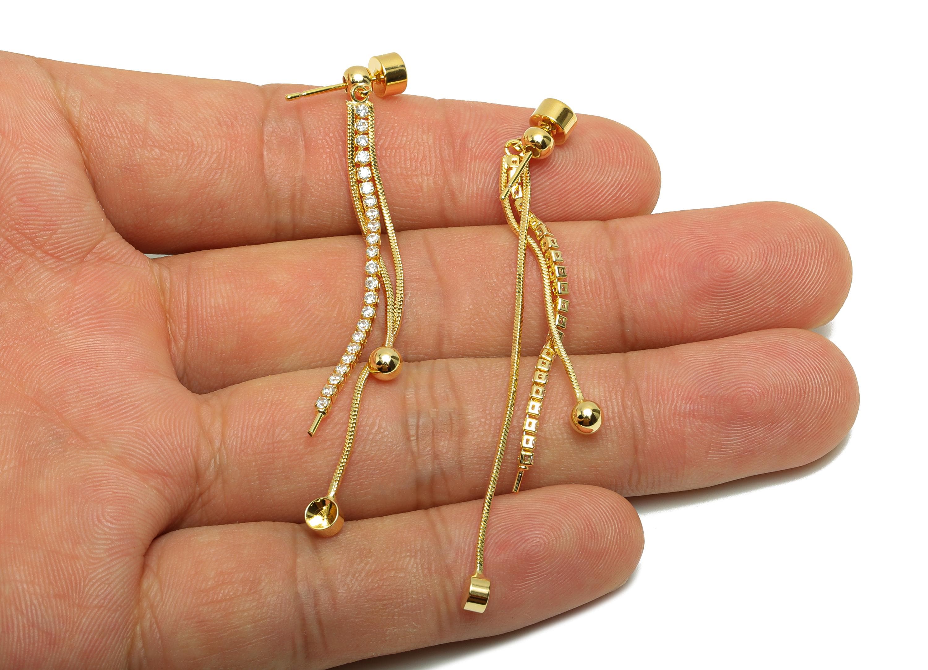 Brass Round Earring Stud - Zircon Chain Tassel Ear Stopper for Woman&#39;s - Gold Dangle Earring - 18K Real Gold Plating - 67x5x3.5mm - RGP8767 - DOMEDBAZAAR