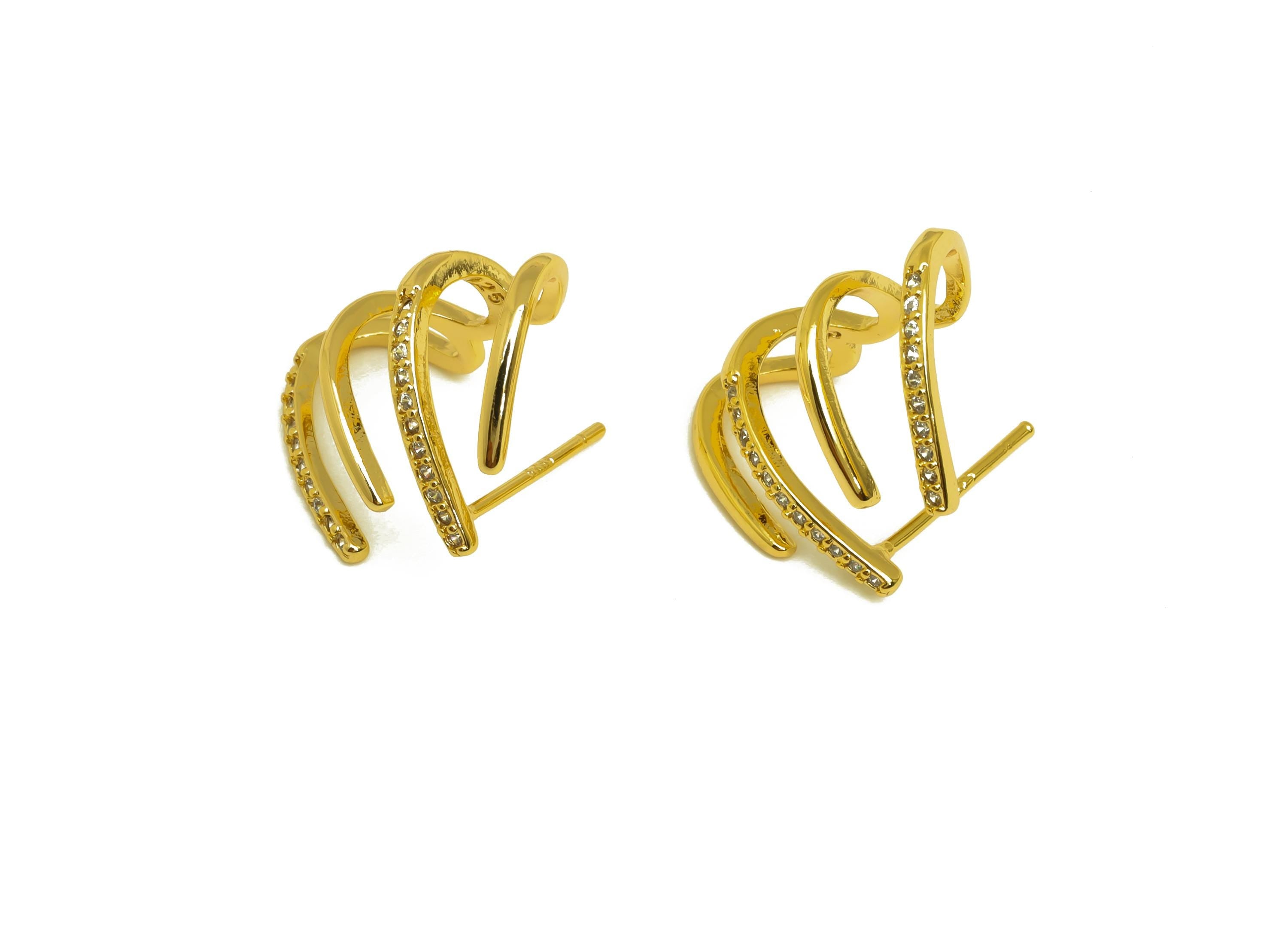 Brass Round C Hoop Ear - Gold Zircon Circle Earring Stud - CZ Bent Wire Earring Post - 18K Real Gold Plating - 14.55x18.50x1.42mm - RGP7999 - DOMEDBAZAAR