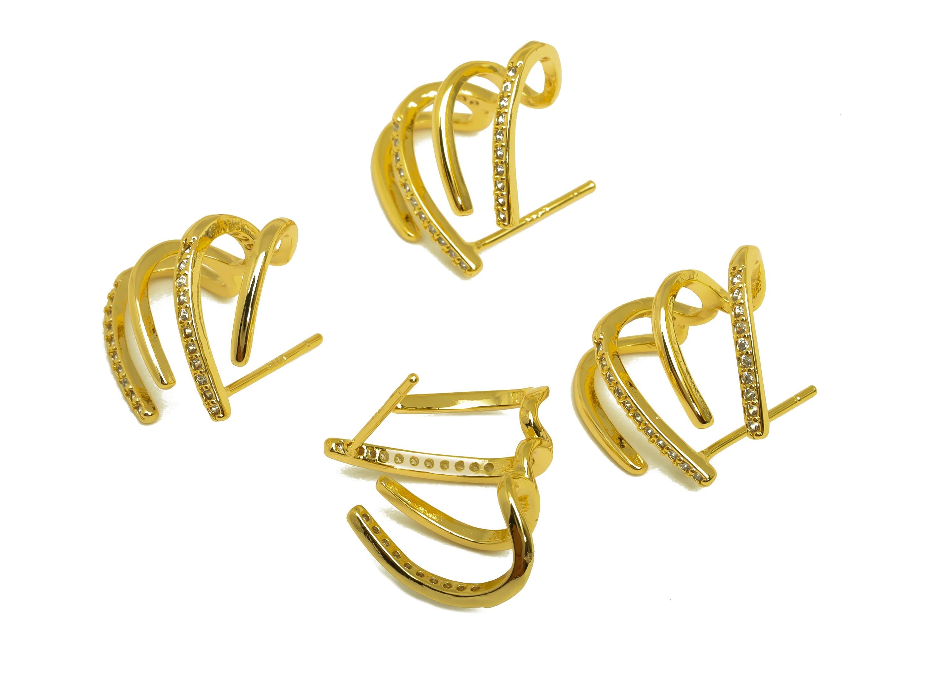 Brass Round C Hoop Ear - Gold Zircon Circle Earring Stud - CZ Bent Wire Earring Post - 18K Real Gold Plating - 14.55x18.50x1.42mm - RGP7999 - DOMEDBAZAAR