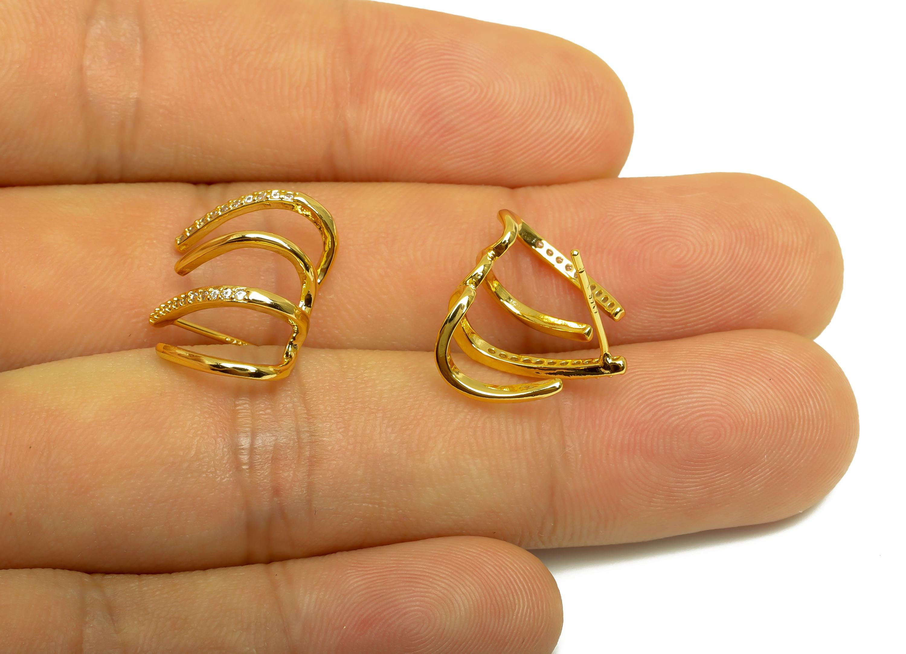 Brass Round C Hoop Ear - Gold Zircon Circle Earring Stud - CZ Bent Wire Earring Post - 18K Real Gold Plating - 14.55x18.50x1.42mm - RGP7999 - DOMEDBAZAAR
