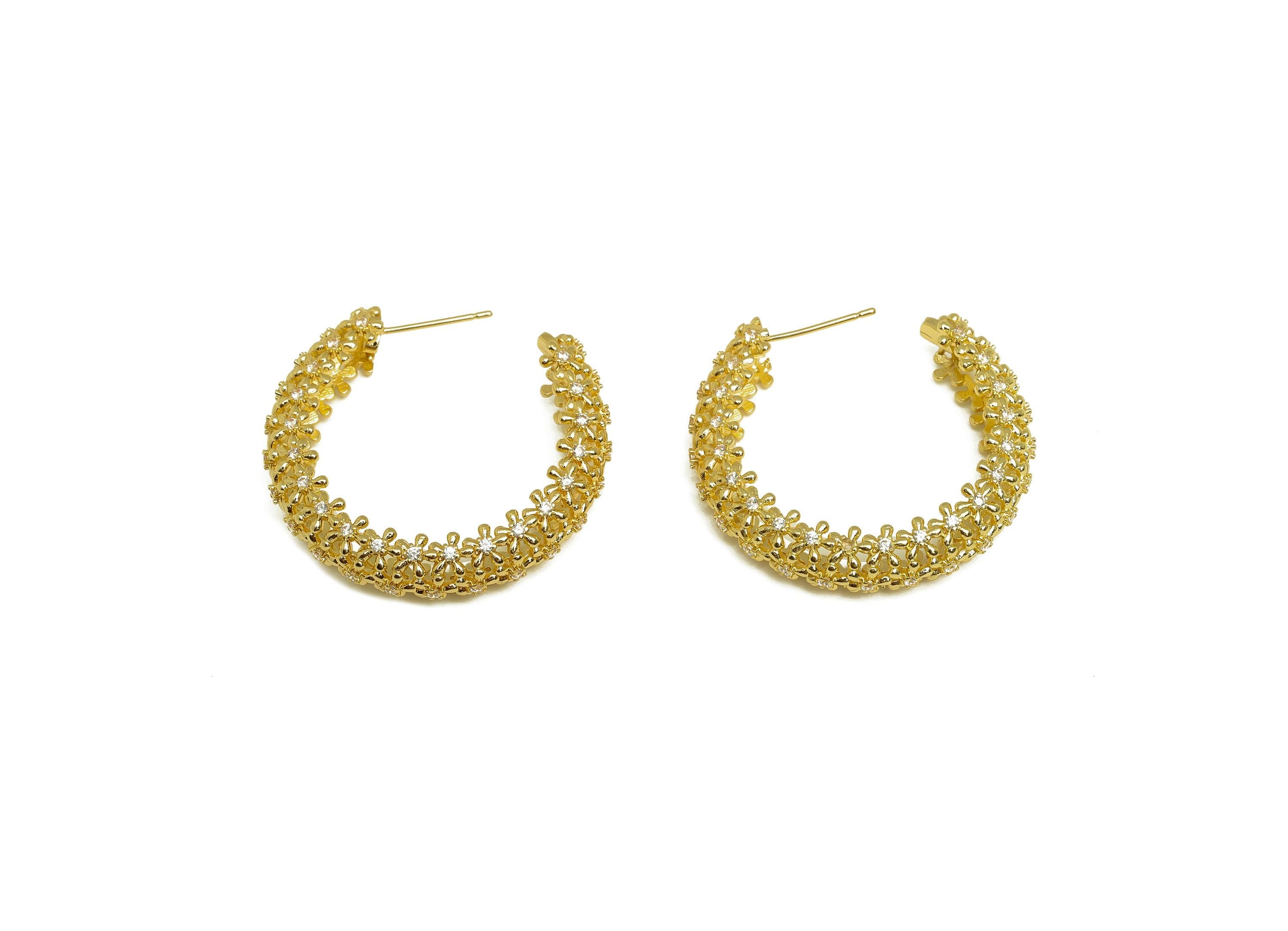 Brass Circle C Hoop Earring - Gold Zircon Earring Stud - CZ Textured Flower Earring Post - 18K Real Gold Plating - 36x36x4.39mm - RGP8001 - DOMEDBAZAAR
