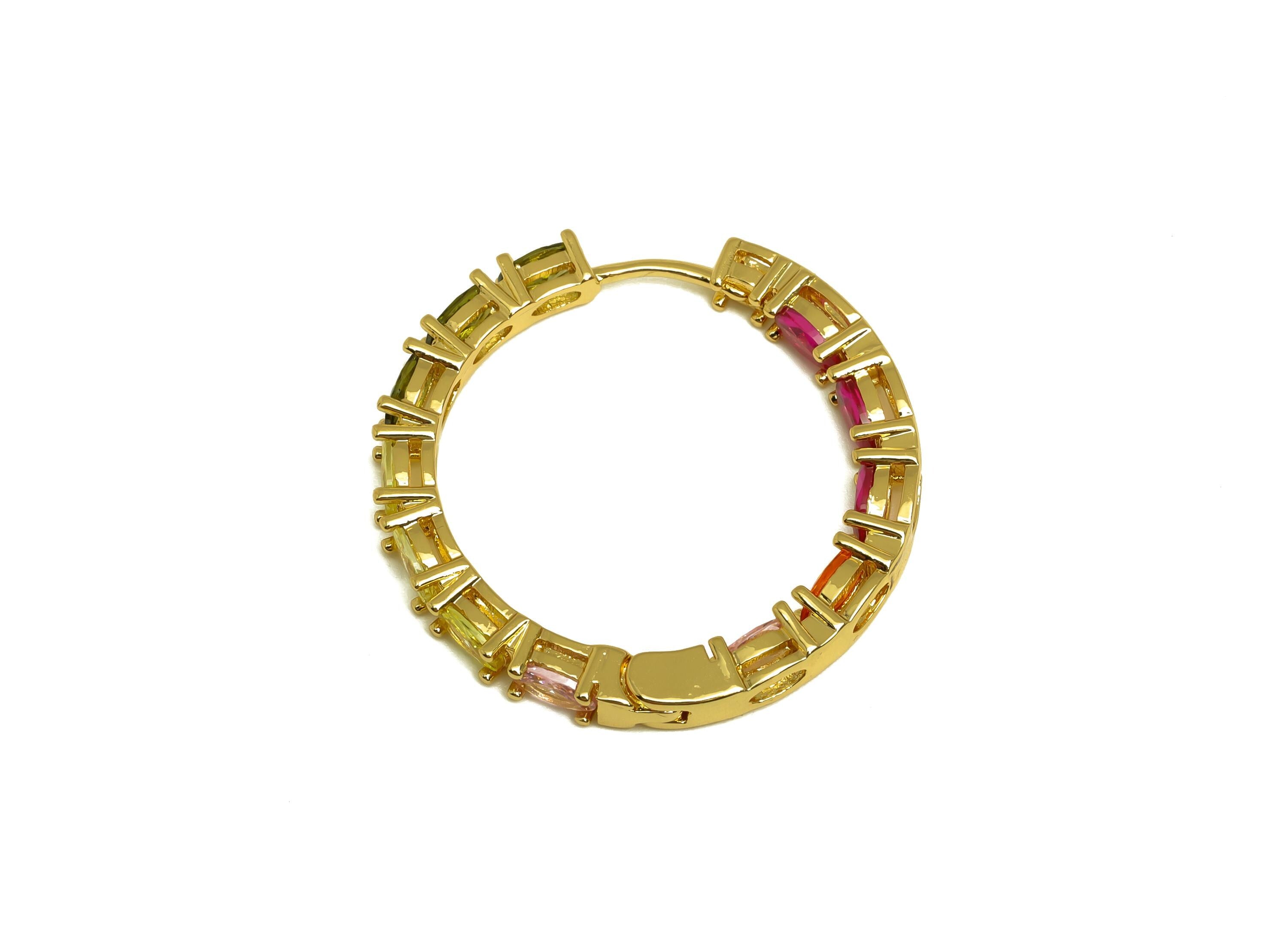 Brass Round Hoop Ear - Gold Oval Zircon Huggie Hoop Earring - Colorful CZ Earring Clasp - 18K Real Gold Plating- 29.21x29.21x3.56m - RGP8003 - DOMEDBAZAAR