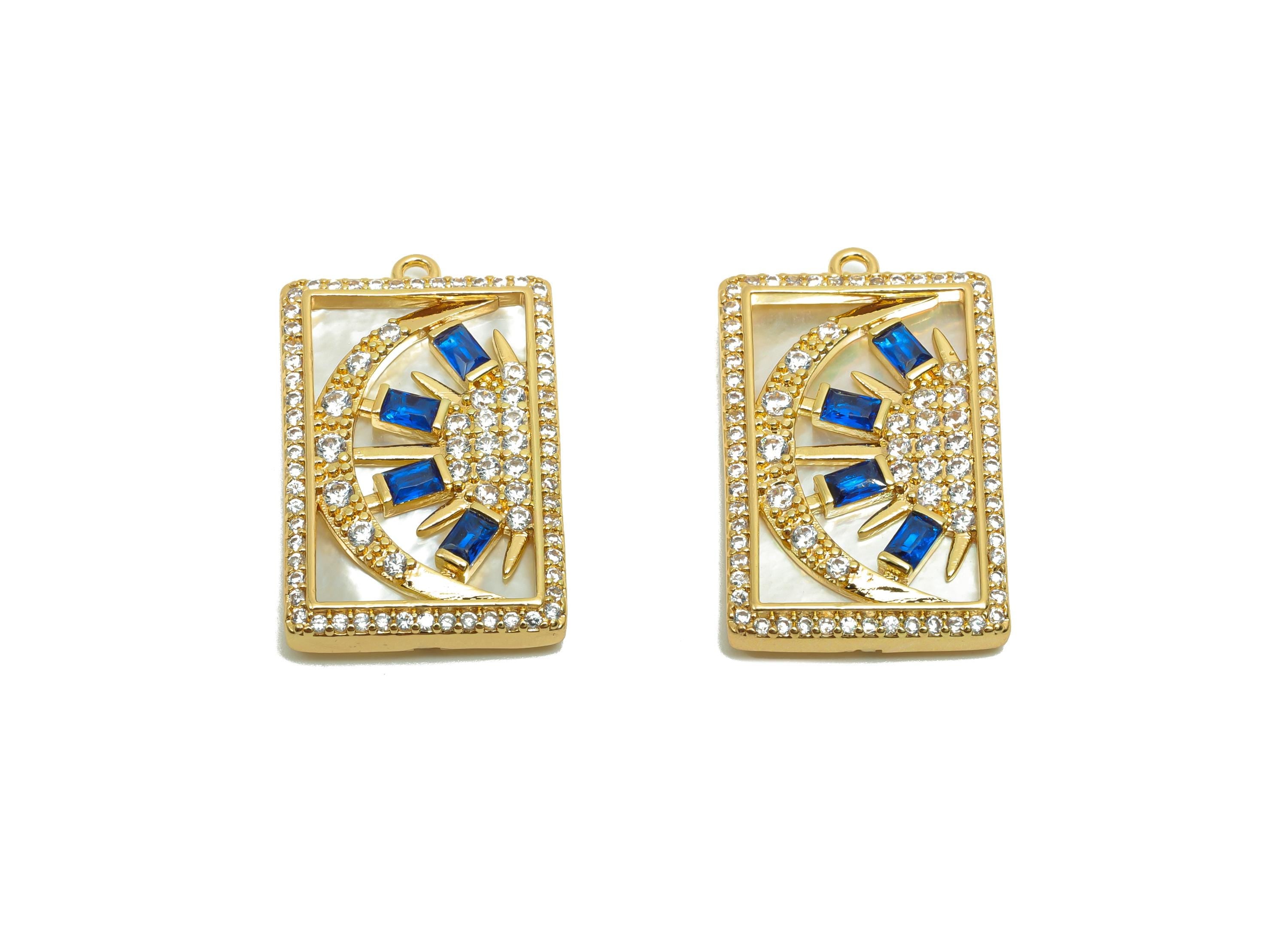 Brass CZ Crescent Charms - Brass Cubic Zircon Charms - Brass Rectangle Sun Seashell Pendant  - 18K Real Gold Plating - 25x15x2mm - RGP8194 - DOMEDBAZAAR