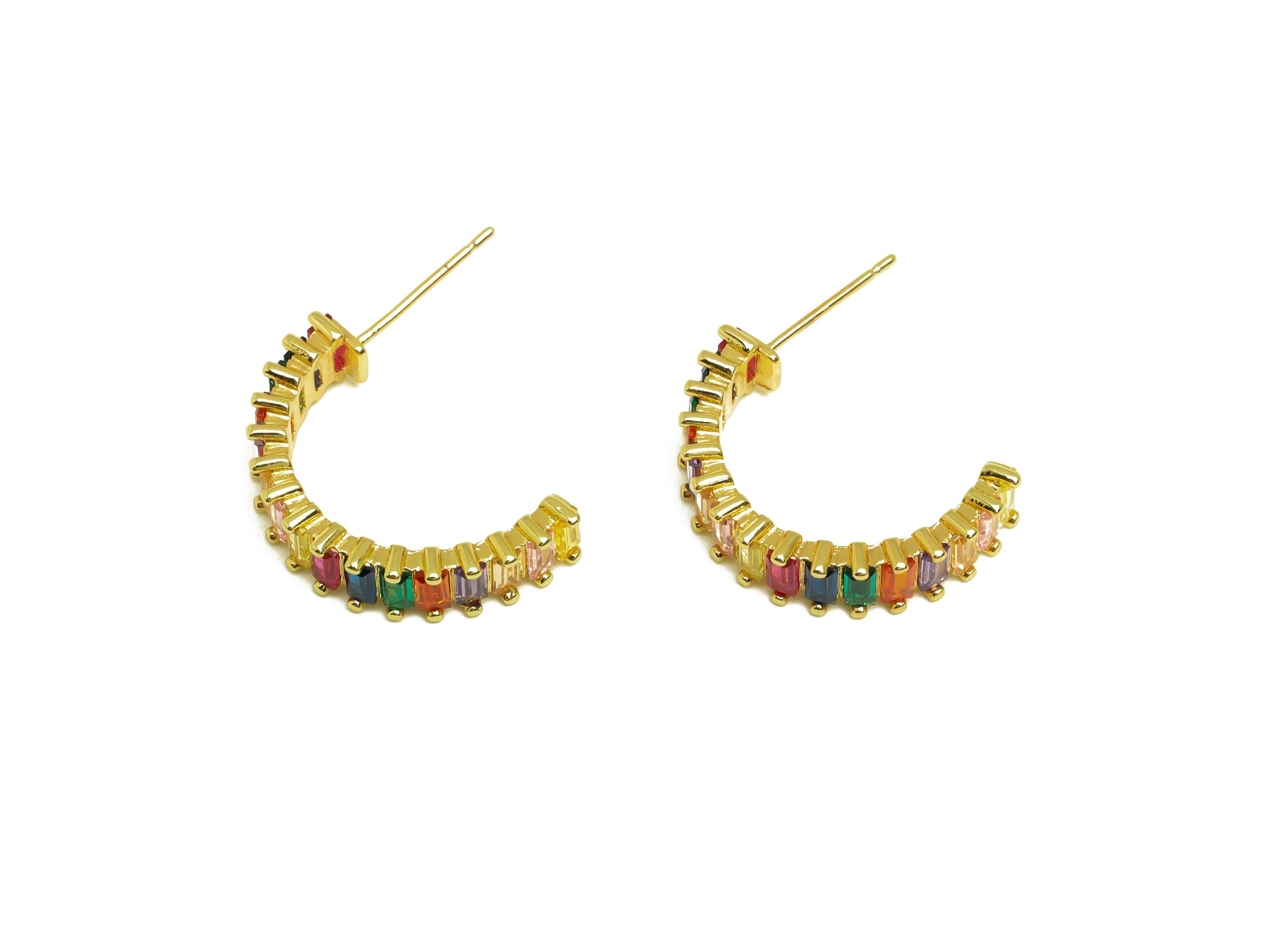 Brass Round C Hoop Ear - Gold Rainbow Zircon Earring Stud - CZ Open C Round Earring Post - 18K Real Gold Plating -18.7x22.36x2.63mm- RGP8005 - DOMEDBAZAAR
