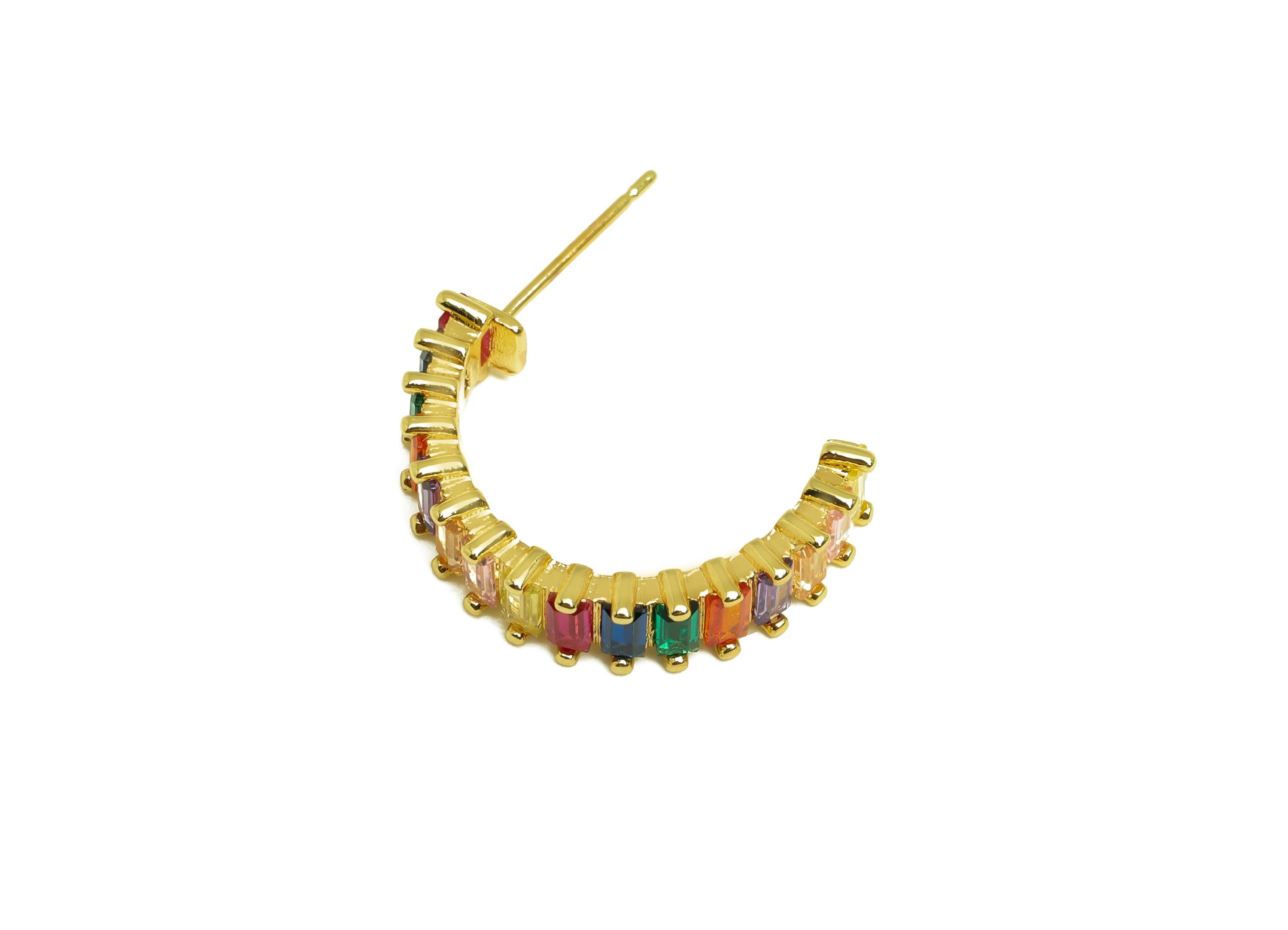 Brass Round C Hoop Ear - Gold Rainbow Zircon Earring Stud - CZ Open C Round Earring Post - 18K Real Gold Plating -18.7x22.36x2.63mm- RGP8005 - DOMEDBAZAAR