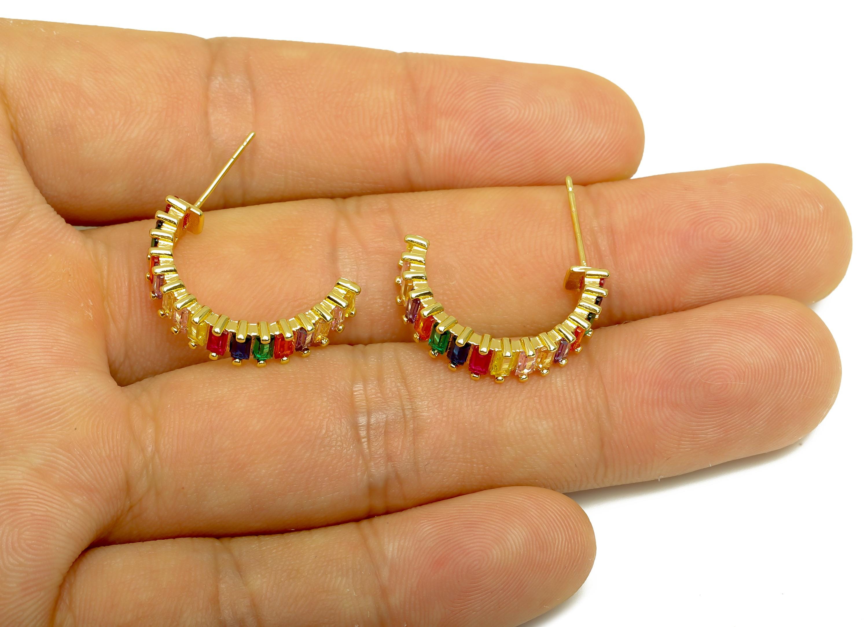 Brass Round C Hoop Ear - Gold Rainbow Zircon Earring Stud - CZ Open C Round Earring Post - 18K Real Gold Plating -18.7x22.36x2.63mm- RGP8005 - DOMEDBAZAAR
