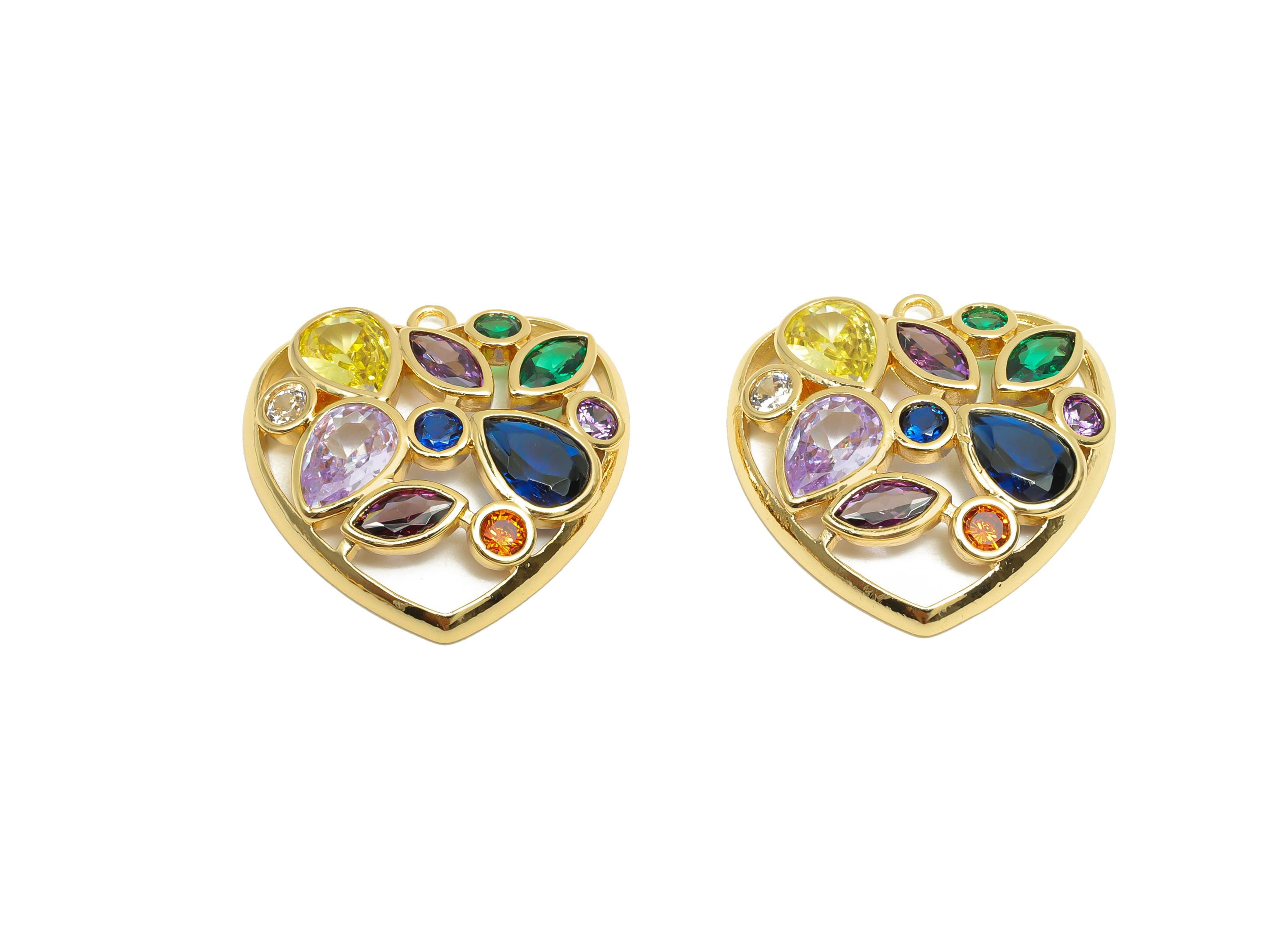 Brass CZ Heart Charms - Brass Cubic Zircon Earring Charm - Brass Rainbow CZ Heart Pendant  - 18K Real Gold Plating - 22x22x3.72mm - RGP8197 - DOMEDBAZAAR