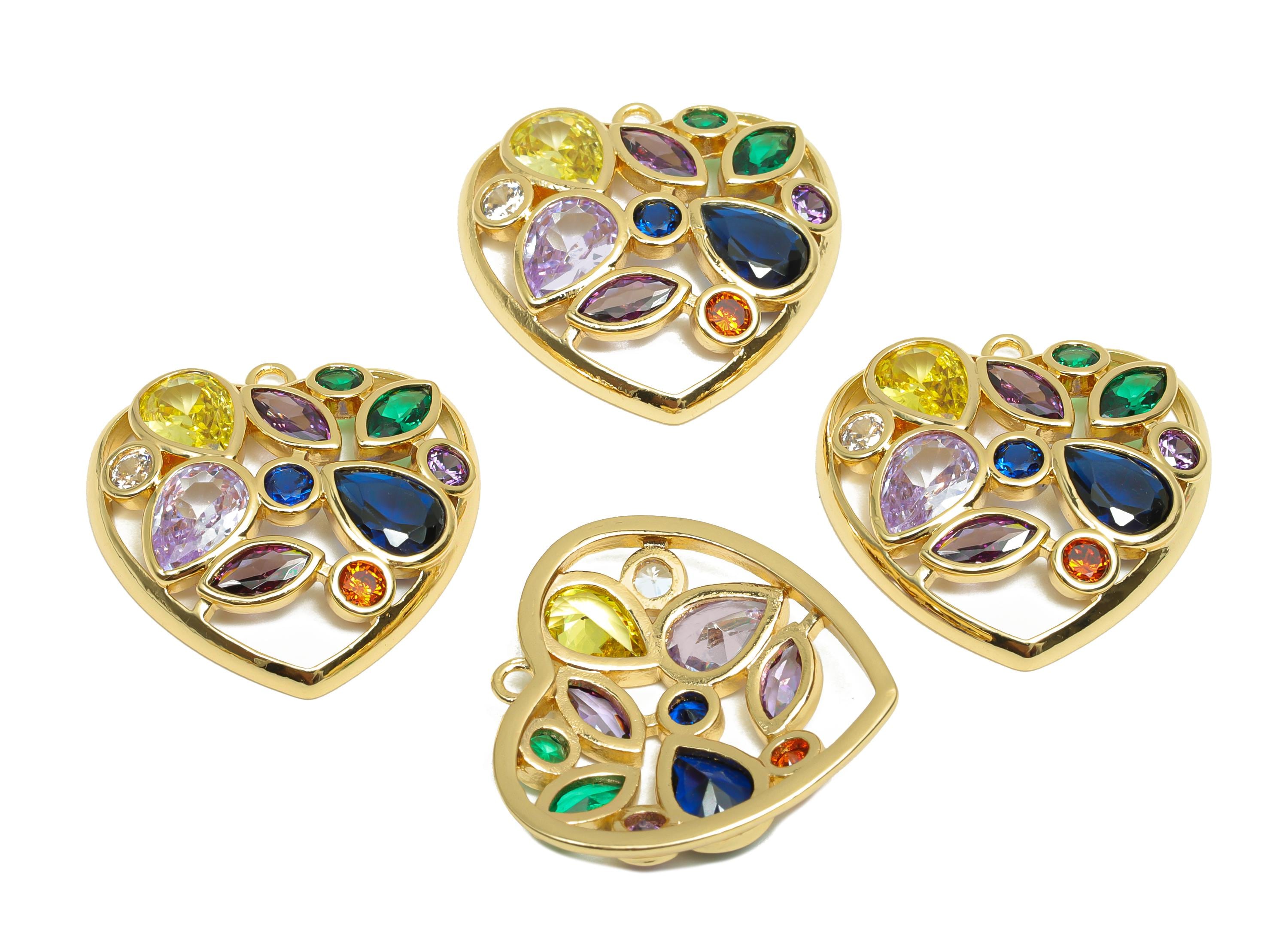 Brass CZ Heart Charms - Brass Cubic Zircon Earring Charm - Brass Rainbow CZ Heart Pendant  - 18K Real Gold Plating - 22x22x3.72mm - RGP8197 - DOMEDBAZAAR