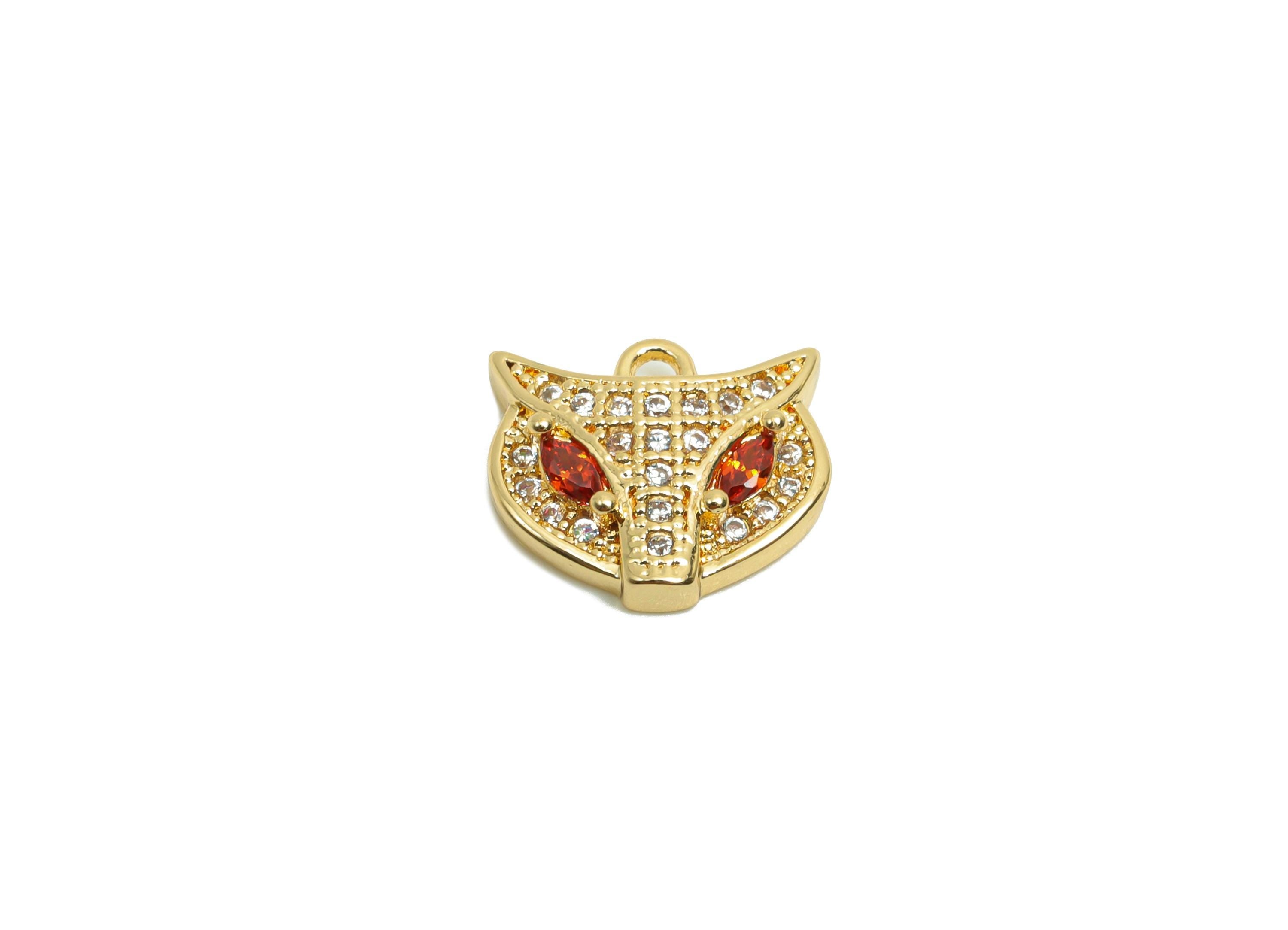 Brass CZ Fox Charms - Brass Cubic Zircon Earring Charm - Brass Red CZ Animal Pendant  - 18K Real Gold Plating - 10.82x9.5x3.11mm - RGP8204 - DOMEDBAZAAR