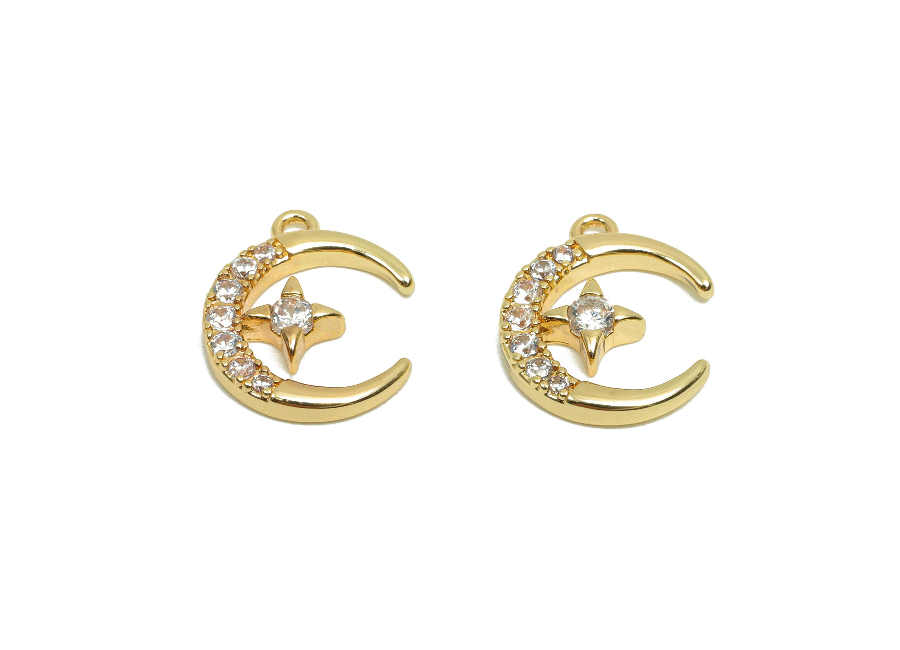 Brass CZ Crescent Earring Charm - Brass Cubic Zircon Earring Charm - Brass Moon Star Pendant  - 18K Real Gold Plating - 13x11x2mm - RGP8186 - DOMEDBAZAAR