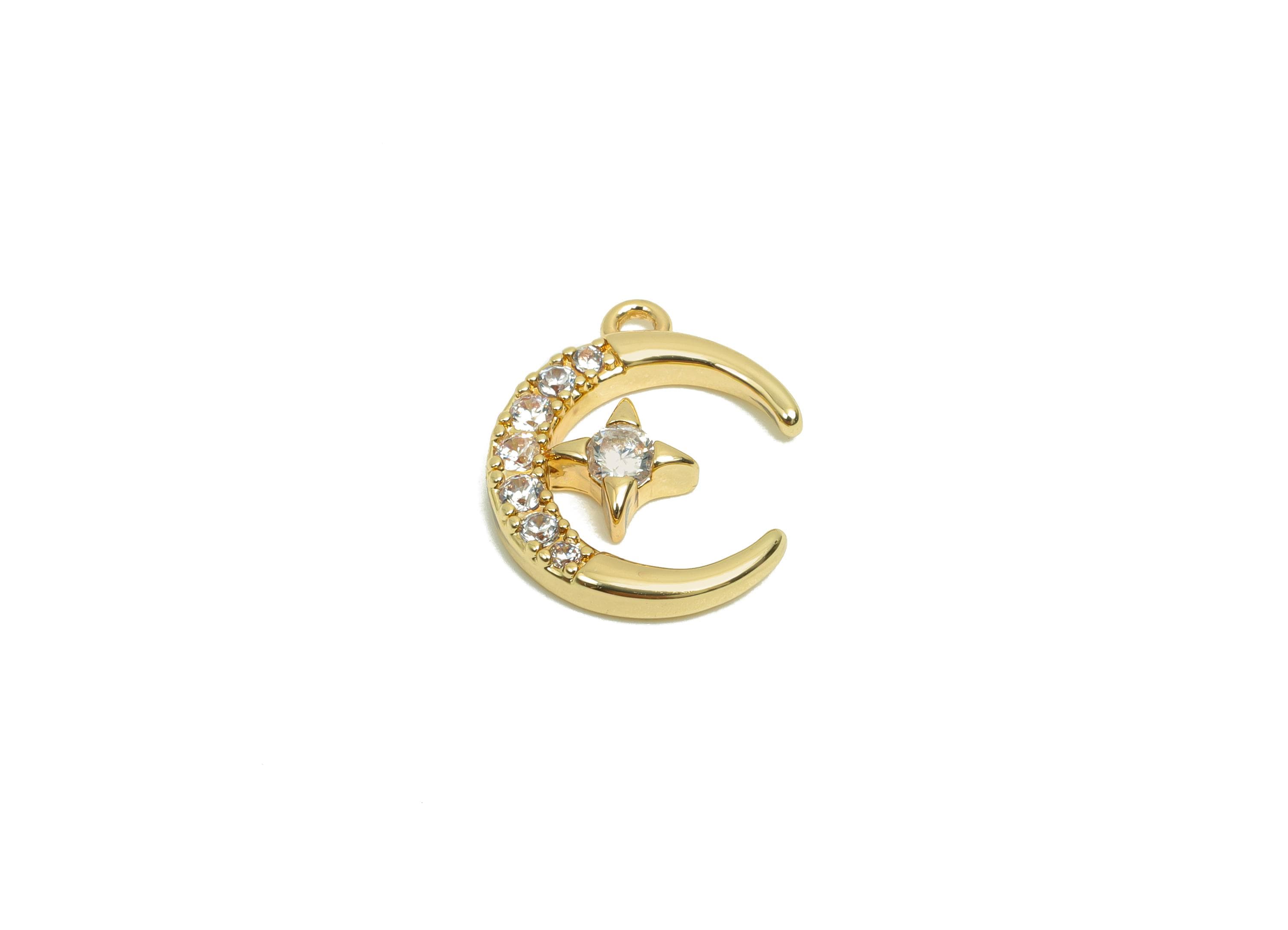 Brass CZ Crescent Earring Charm - Brass Cubic Zircon Earring Charm - Brass Moon Star Pendant  - 18K Real Gold Plating - 13x11x2mm - RGP8186 - DOMEDBAZAAR