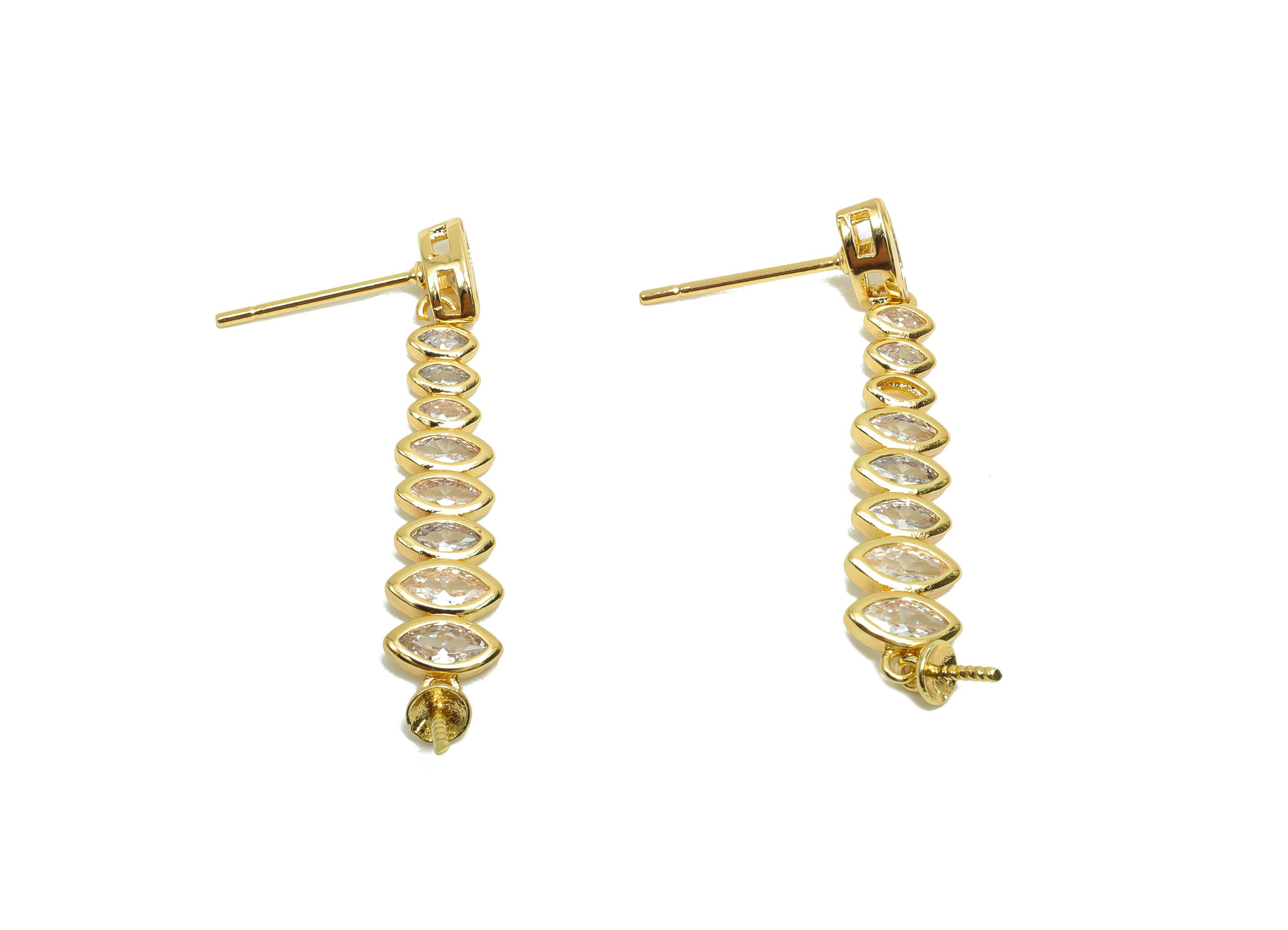 Brass Marquise Earring Post - Gold Zircon Hanging Earring - CZ Geometry Earring Stud For Pearl - 18K Real Gold Plating - 36x6x3mm- RGP8187 - DOMEDBAZAAR