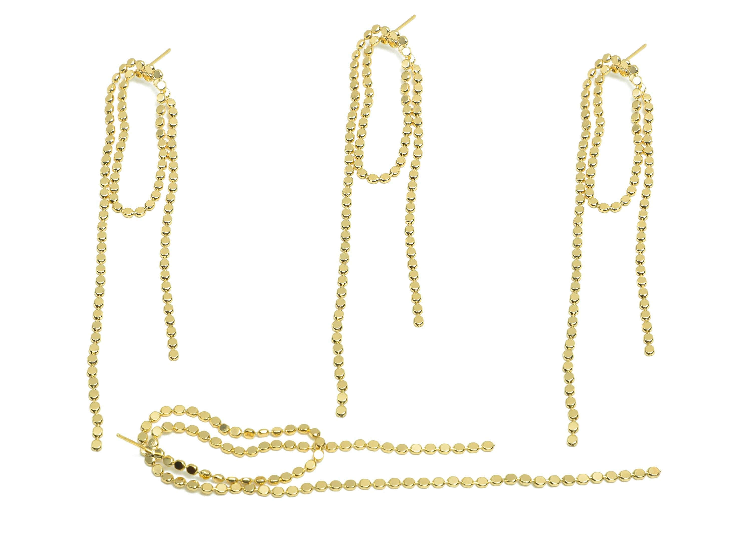 Brass Beads Tassel Earring - Gold Beads Chain Earring Stud - Beads Long Chain Earring Post - 18K Real Gold Plating- 95.5x15.3x2.2mm -RGP8270 - DOMEDBAZAAR