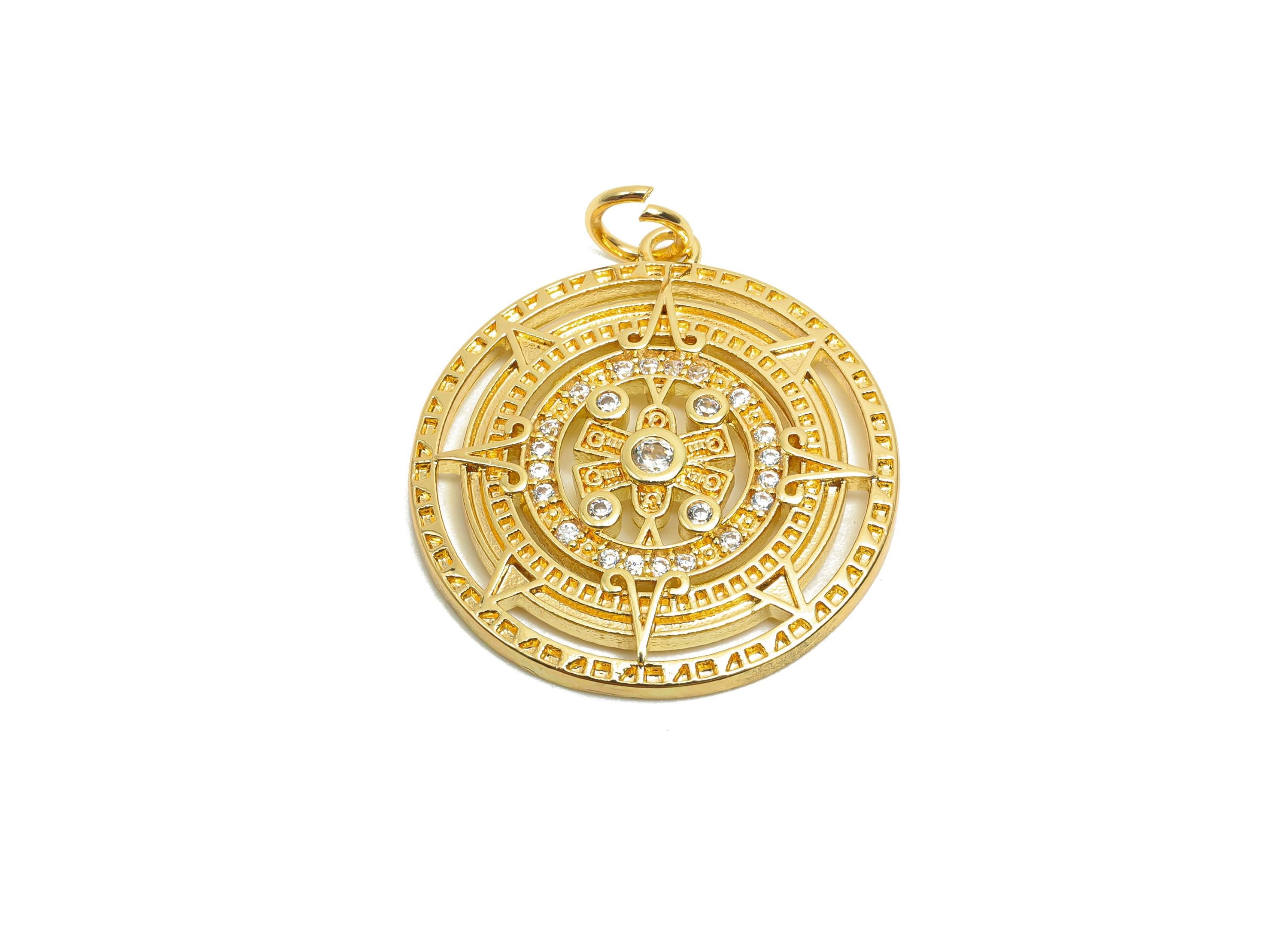 Brass CZ Compass Charms - Brass Cubic Zircon Earring Charm - Brass Pattern Pendant  - 18K Real Gold Plating - 26x22x2.42mm - RGP8192 - DOMEDBAZAAR