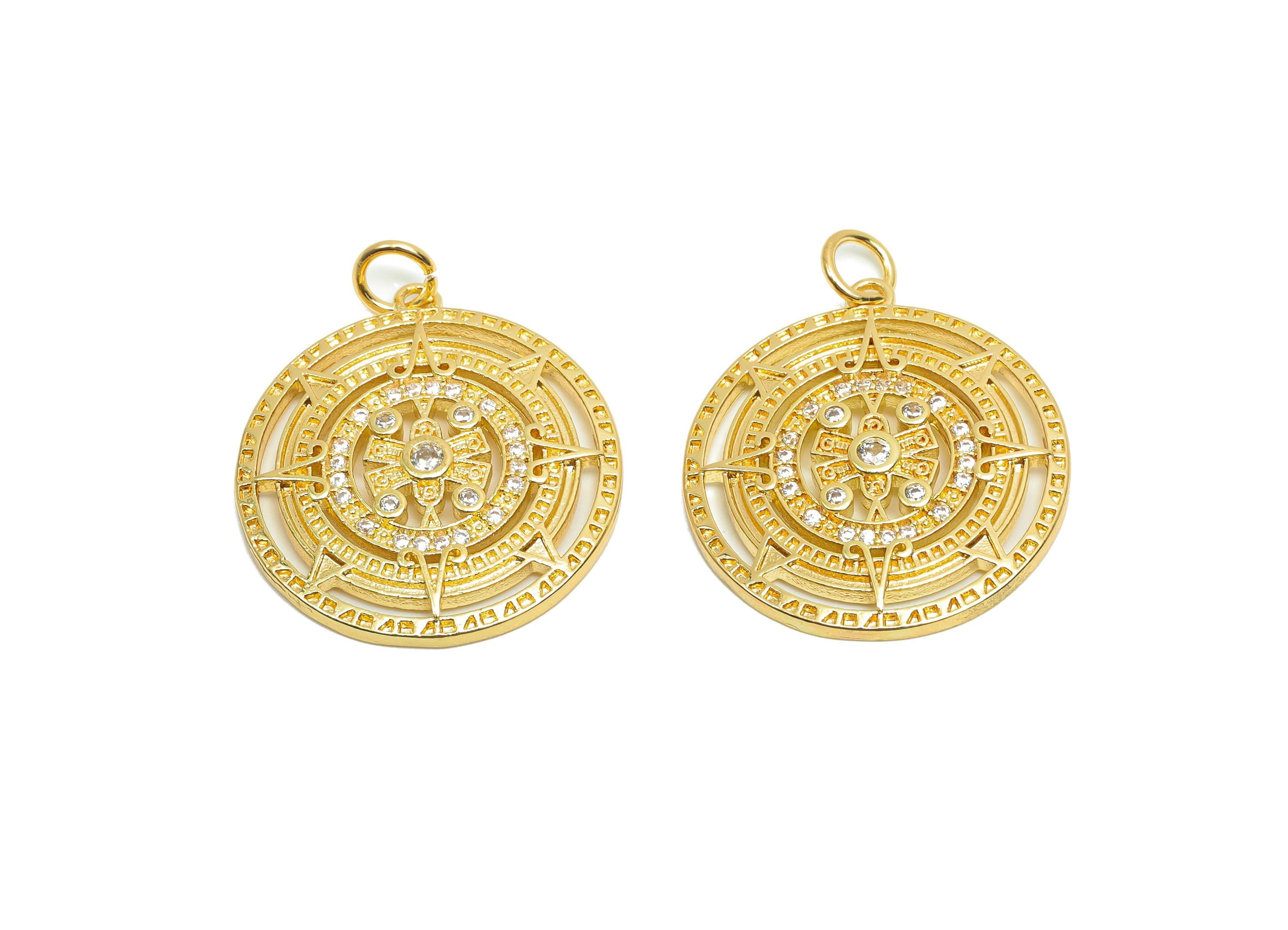 Brass CZ Compass Charms - Brass Cubic Zircon Earring Charm - Brass Pattern Pendant  - 18K Real Gold Plating - 26x22x2.42mm - RGP8192 - DOMEDBAZAAR