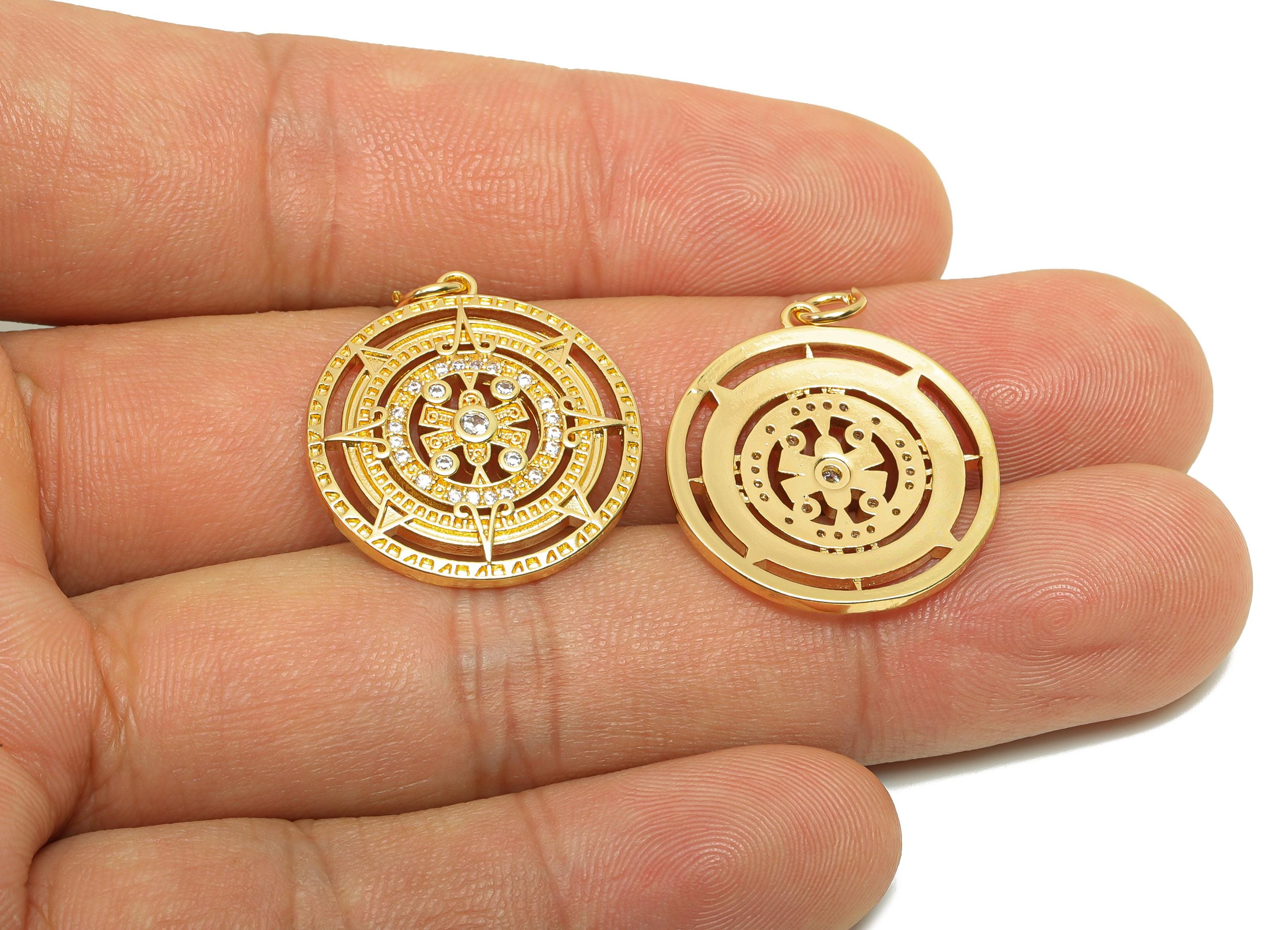 Brass CZ Compass Charms - Brass Cubic Zircon Earring Charm - Brass Pattern Pendant  - 18K Real Gold Plating - 26x22x2.42mm - RGP8192 - DOMEDBAZAAR
