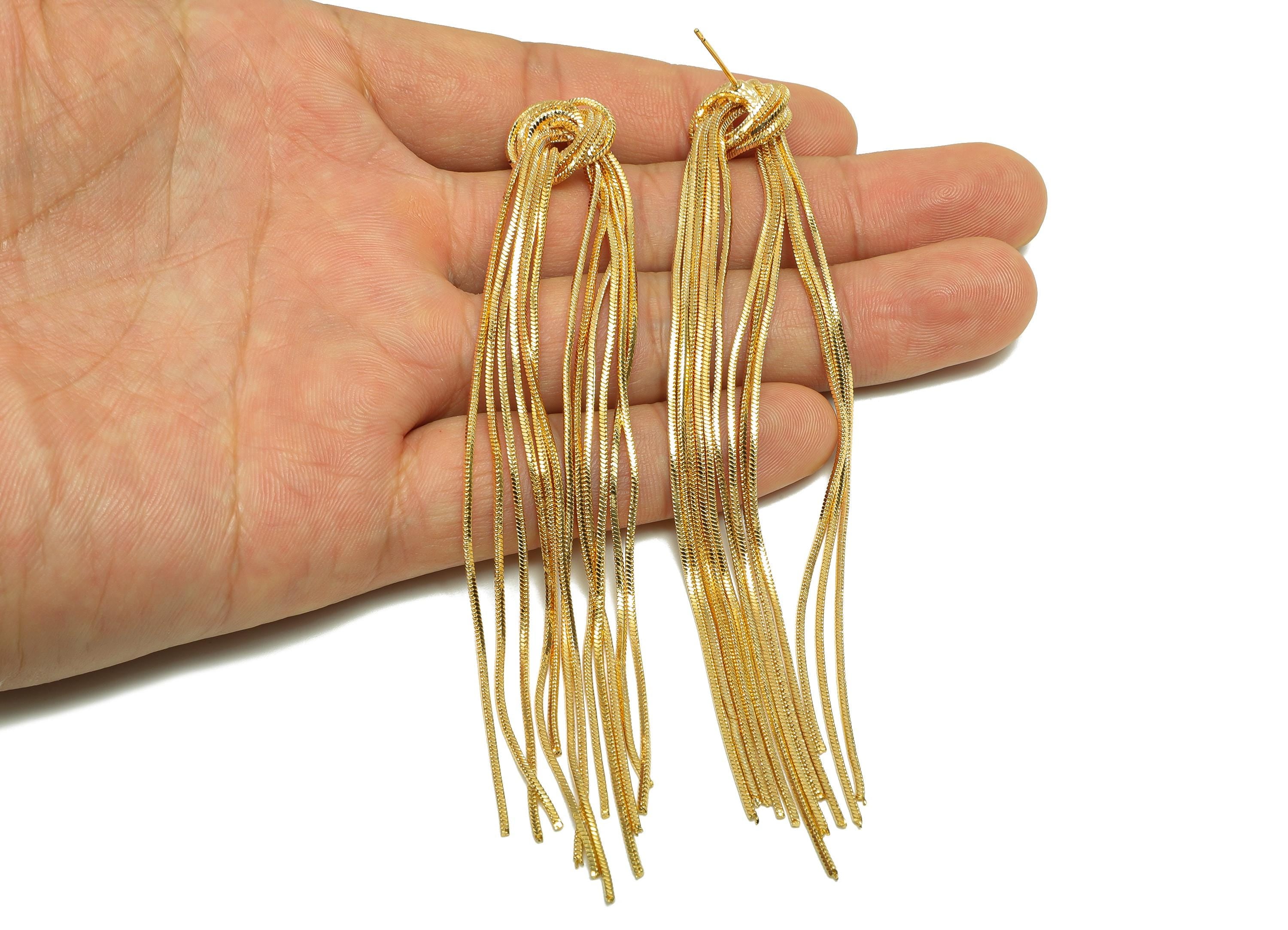 Brass Snake Chain Earring - Gold Knot Long Chain Earring Stud - Knot Chain Tassel Ear Post - 18K Real Gold Plating- 110.2x16.2x7mm - RGP8272 - DOMEDBAZAAR