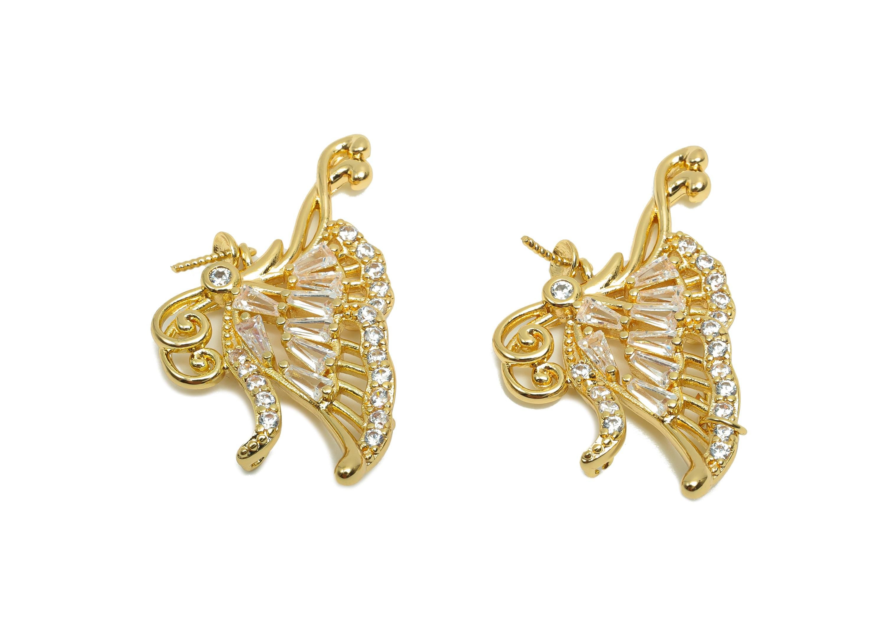 Brass CZ Butterfly Charms - Brass Cubic Zircon Earring Charm - Brass Animal Charm For Pearl - 18K Real Gold Plating - 32x17.8x3mm - RGP8196 - DOMEDBAZAAR
