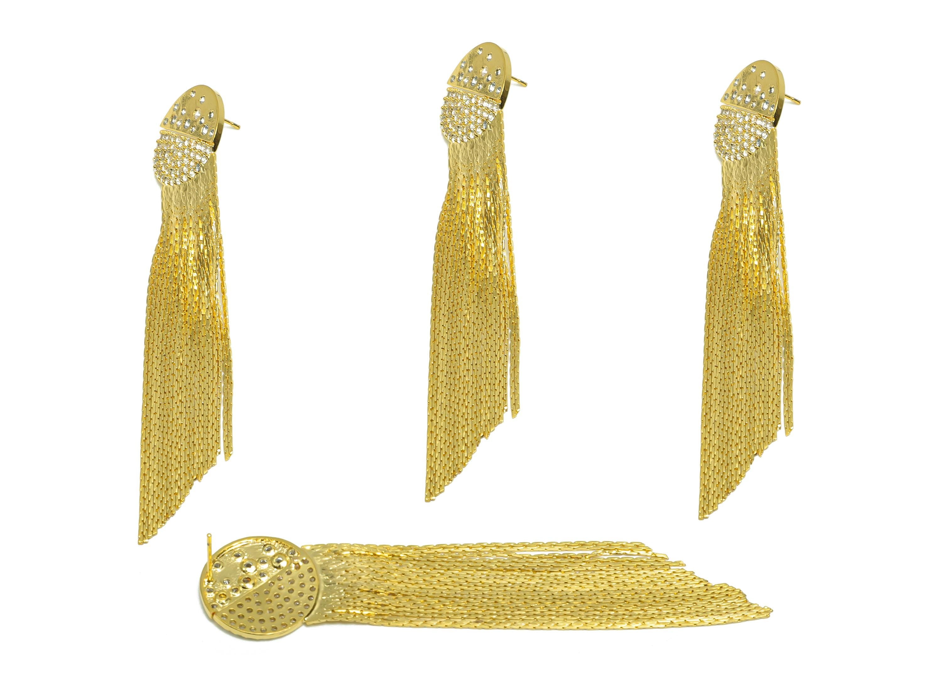 Brass Round Tassel Earring - Zircon Planet Snake Chian Ear Post - Gold Tassel Dangle Earring - 18K Real Gold Plated - 84x18x1.9mm - RGP8274 - DOMEDBAZAAR