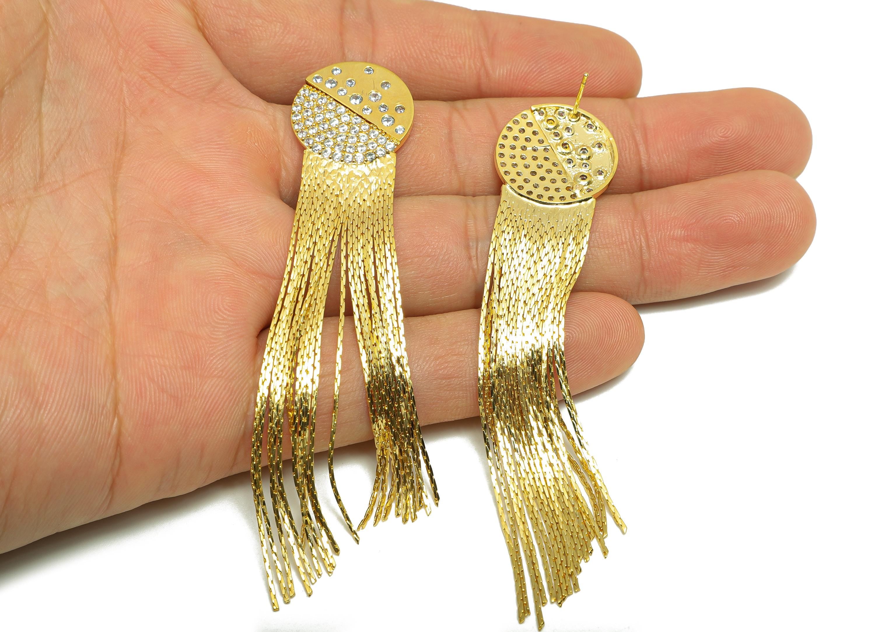 Brass Round Tassel Earring - Zircon Planet Snake Chian Ear Post - Gold Tassel Dangle Earring - 18K Real Gold Plated - 84x18x1.9mm - RGP8274 - DOMEDBAZAAR