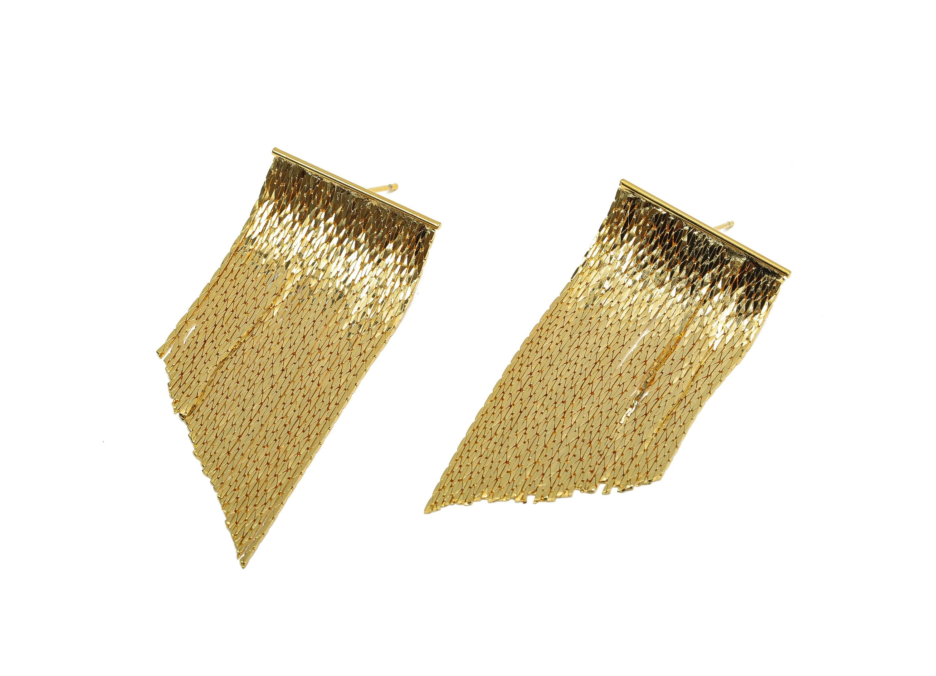 Brass Snake Chain Earring - Gold Snake Chain Tassel Ear Stud - Textured Chain Earring Post - 18K Real Gold Plating - 54x25x1.32mm - RGP8275 - DOMEDBAZAAR