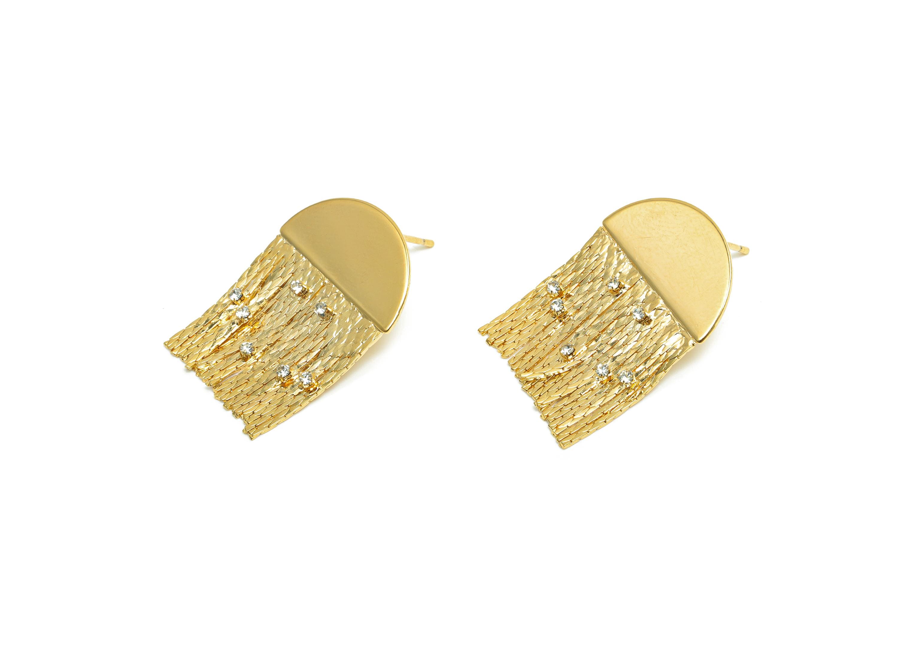 Brass Snake Chain Earring - Gold Semicircle Tassel Earring Stud - Zircon Chain Tassel Ear Post - 18K Real Gold Plating - 31x21x1mm - RGP8276 - DOMEDBAZAAR