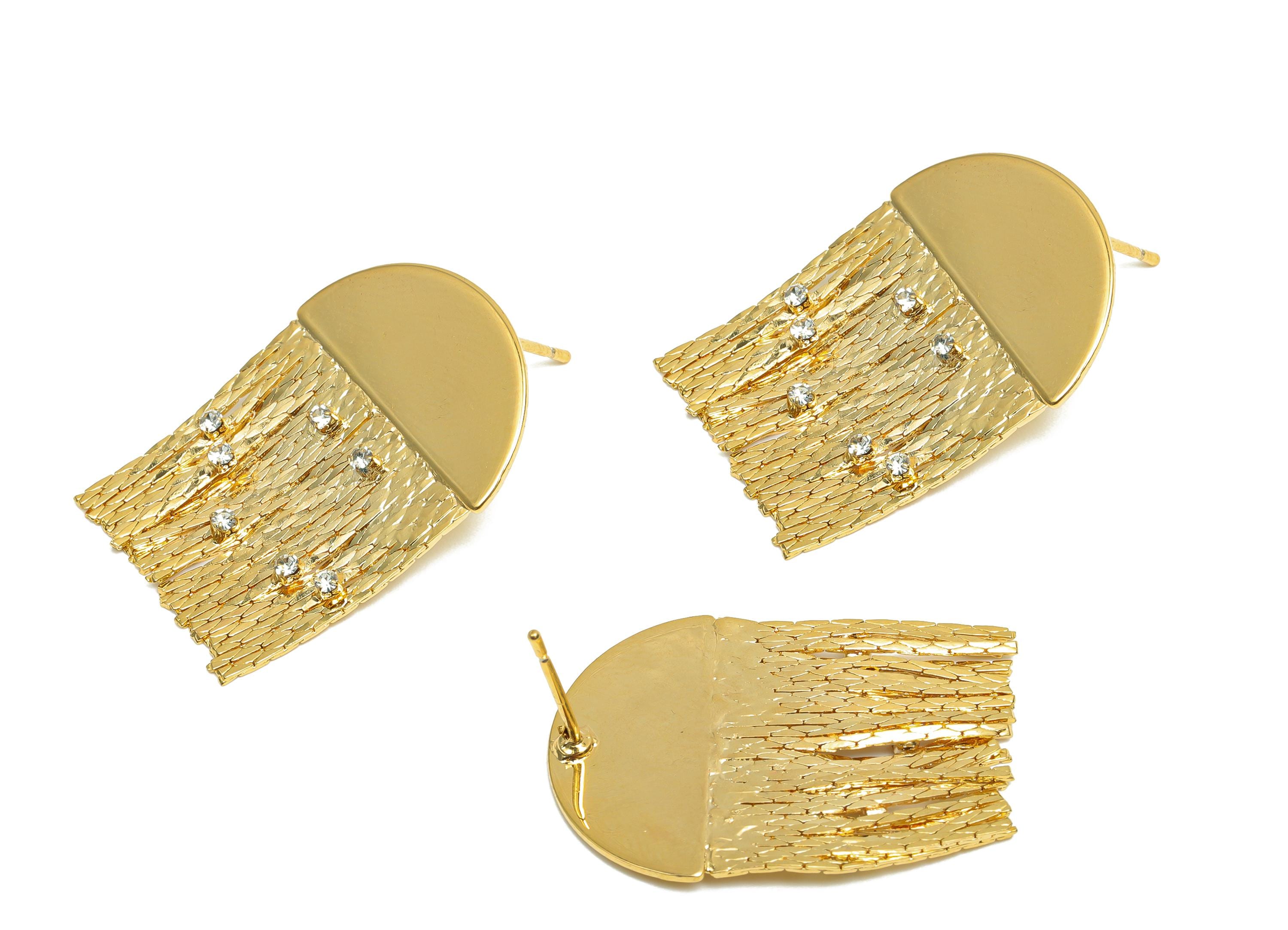 Brass Snake Chain Earring - Gold Semicircle Tassel Earring Stud - Zircon Chain Tassel Ear Post - 18K Real Gold Plating - 31x21x1mm - RGP8276 - DOMEDBAZAAR