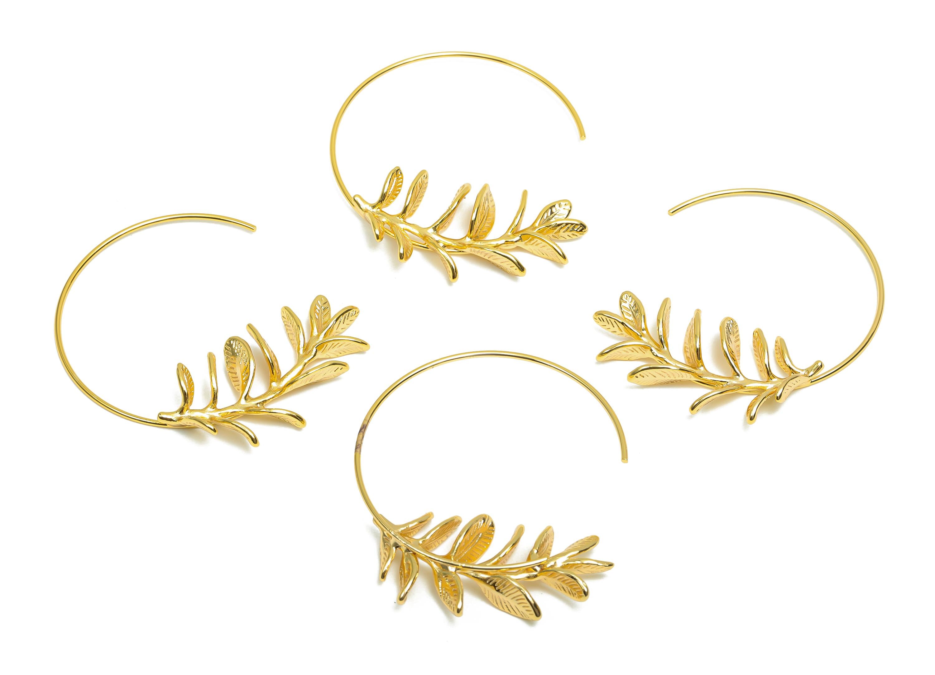 Brass Circle Earring Wire - Gold Leaf Open Round Earring Hook - Textured Circle Earring Wire - 18K Real Gold Plating - 41x37x5.3mm - RGP8278 - DOMEDBAZAAR