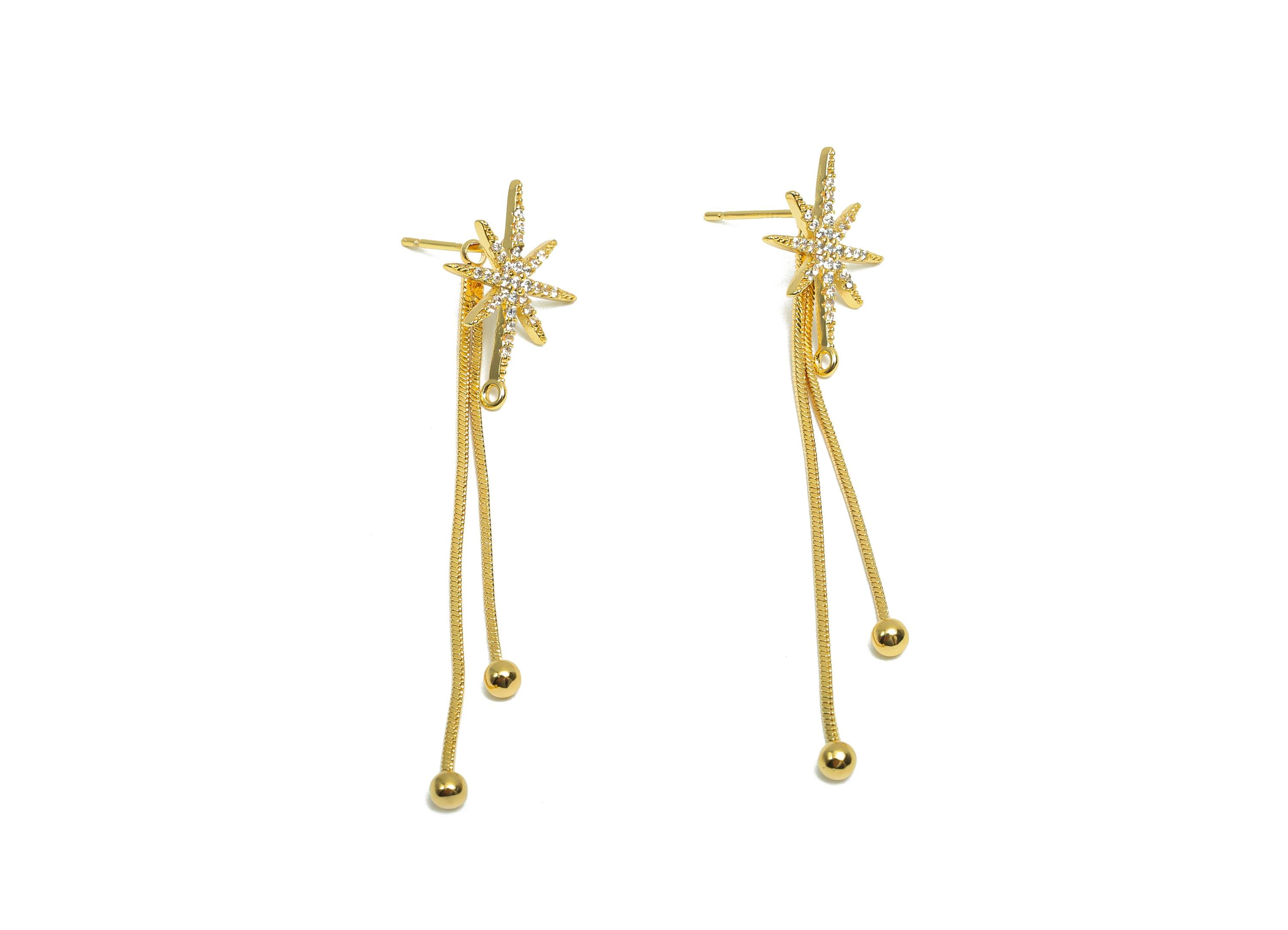 Brass Zircon Tassel Earring - CZ Star Earring Post - Gold Snake Chian Tassel Earring Stud - 18K Real Gold Plated - 56x18.8x1.8mm - RGP8279 - DOMEDBAZAAR