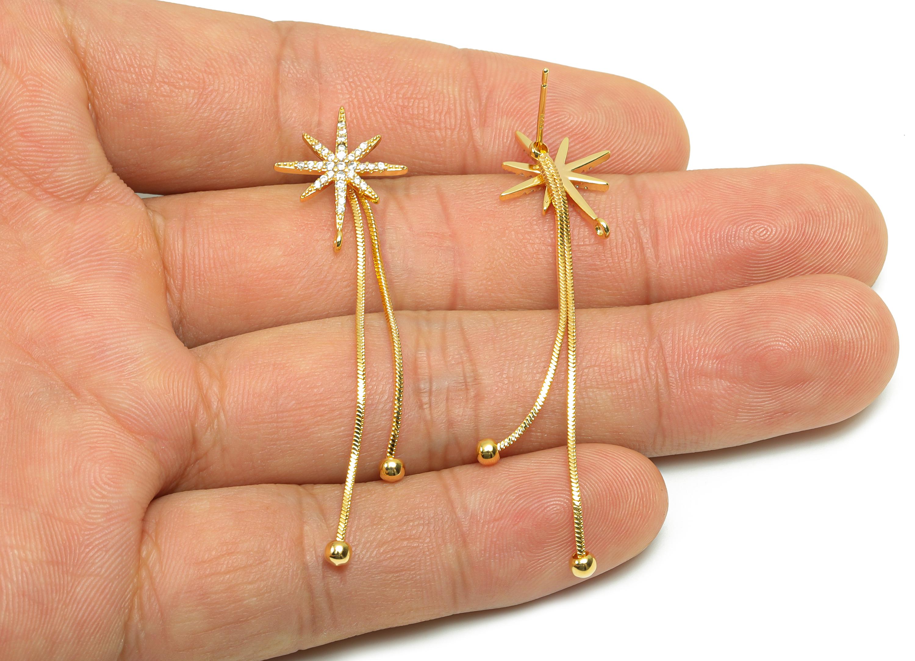 Brass Zircon Tassel Earring - CZ Star Earring Post - Gold Snake Chian Tassel Earring Stud - 18K Real Gold Plated - 56x18.8x1.8mm - RGP8279 - DOMEDBAZAAR