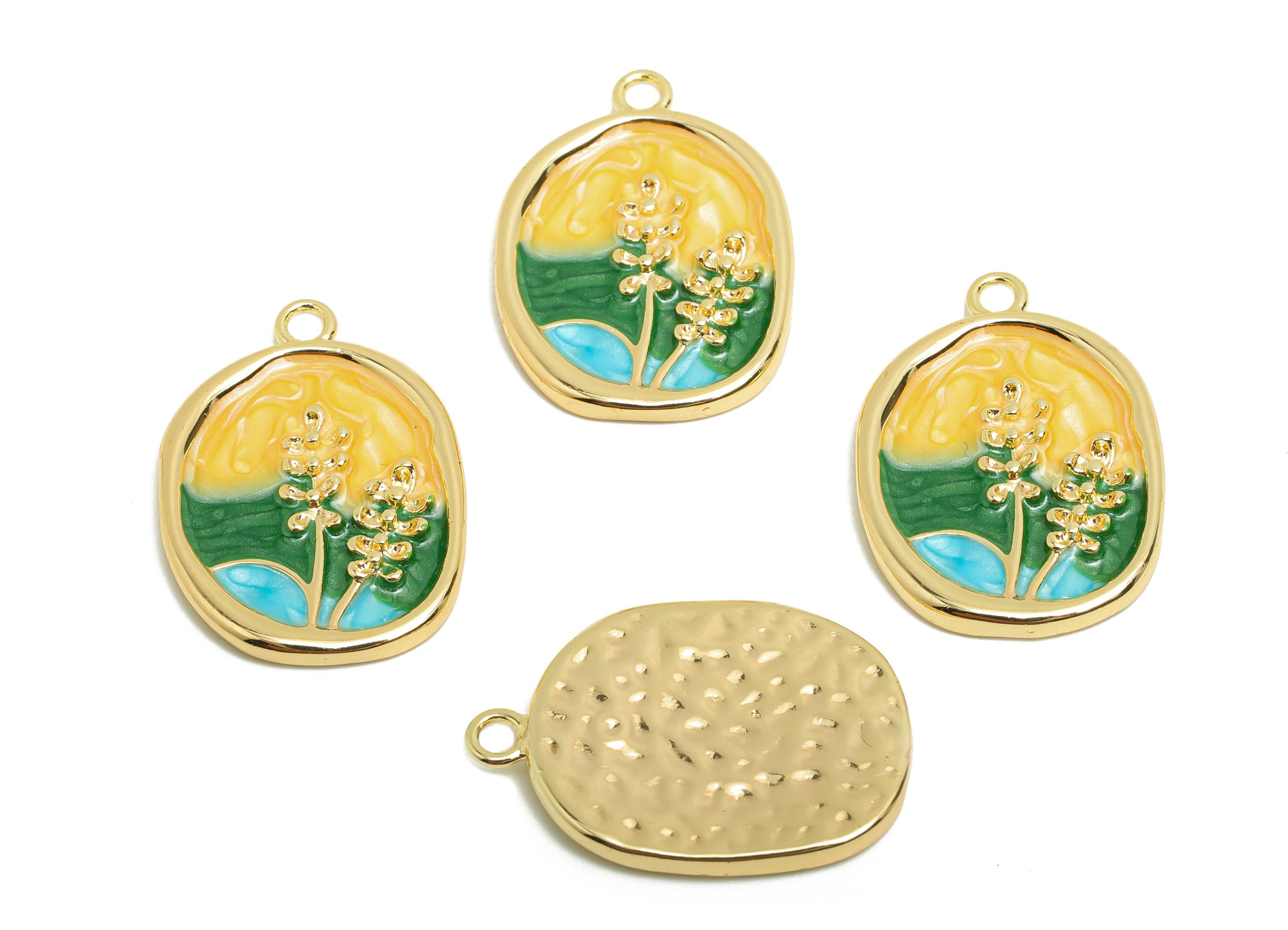 Brass CZ Painting Earring Charm - Brass Enamel Flower Charm - Brass Vintage Pendant - 18K Real Gold Plating - 22x12x2mm - RGP9967 - DOMEDBAZAAR