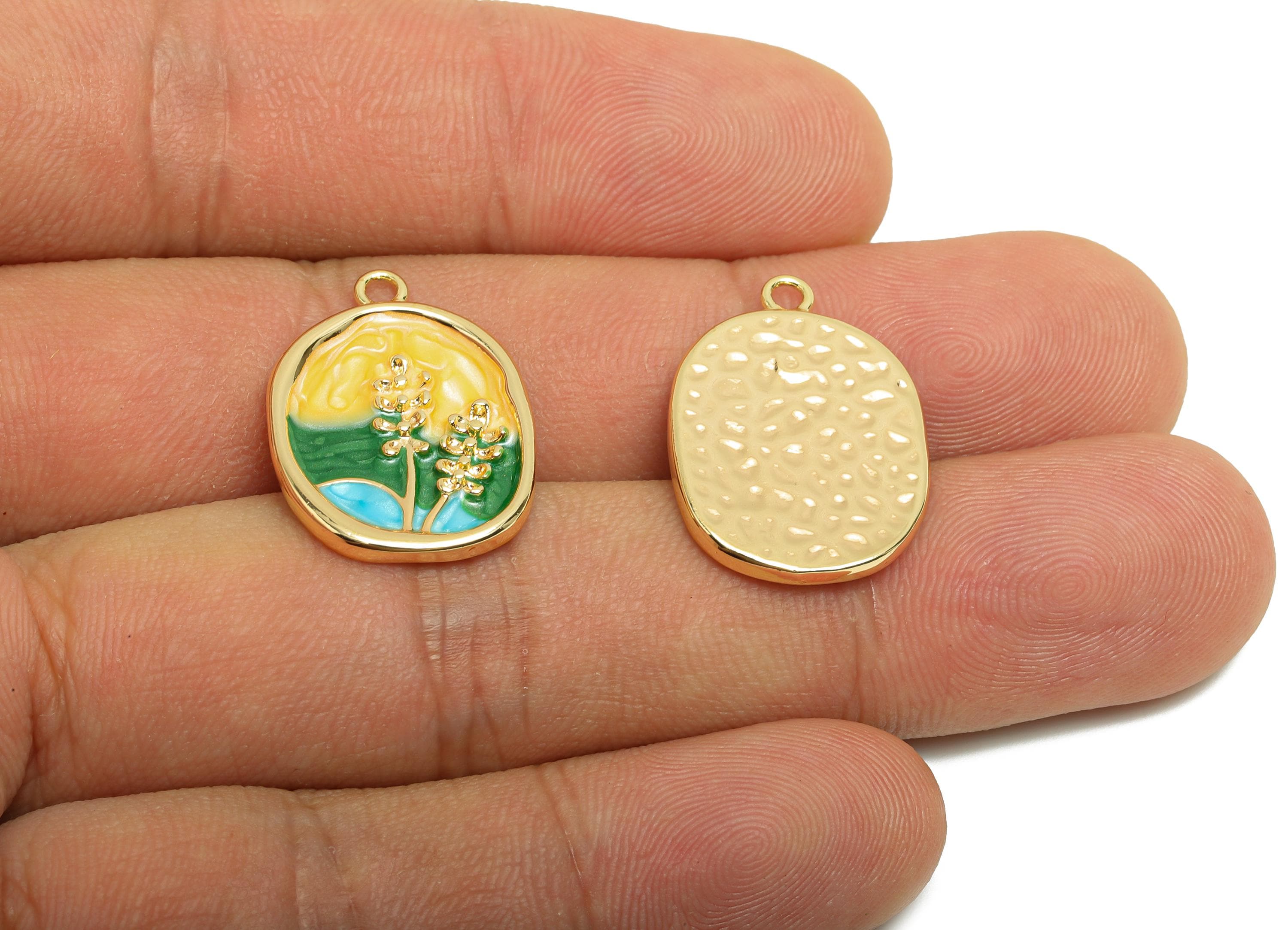 Brass CZ Painting Earring Charm - Brass Enamel Flower Charm - Brass Vintage Pendant - 18K Real Gold Plating - 22x12x2mm - RGP9967 - DOMEDBAZAAR