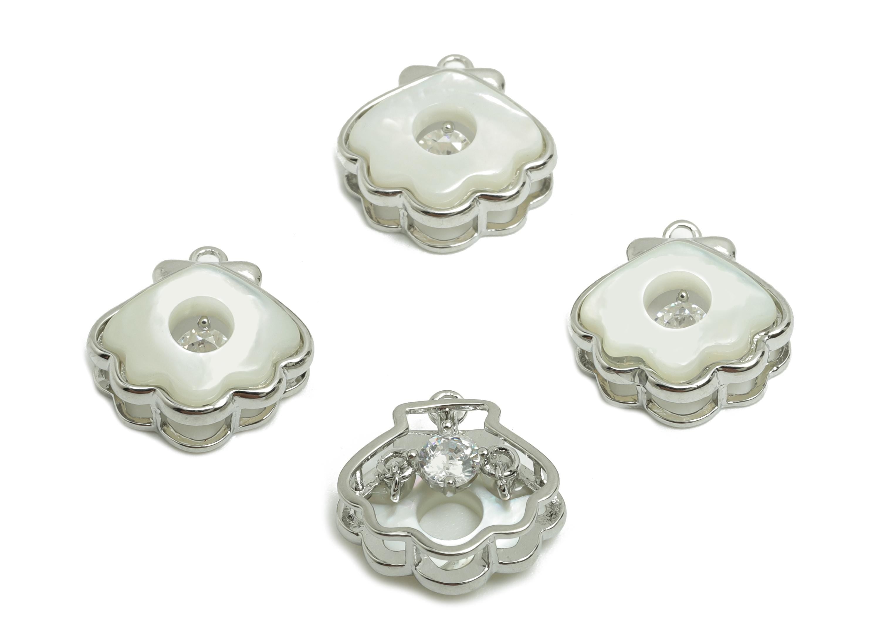 Brass CZ Earring Charm - Brass Wavy Shell Charm - Zircon Cubic Zircon Pendant - 18K Real White Gold Plating - 11.18x11x4.73mm - RGP9999 - DOMEDBAZAAR