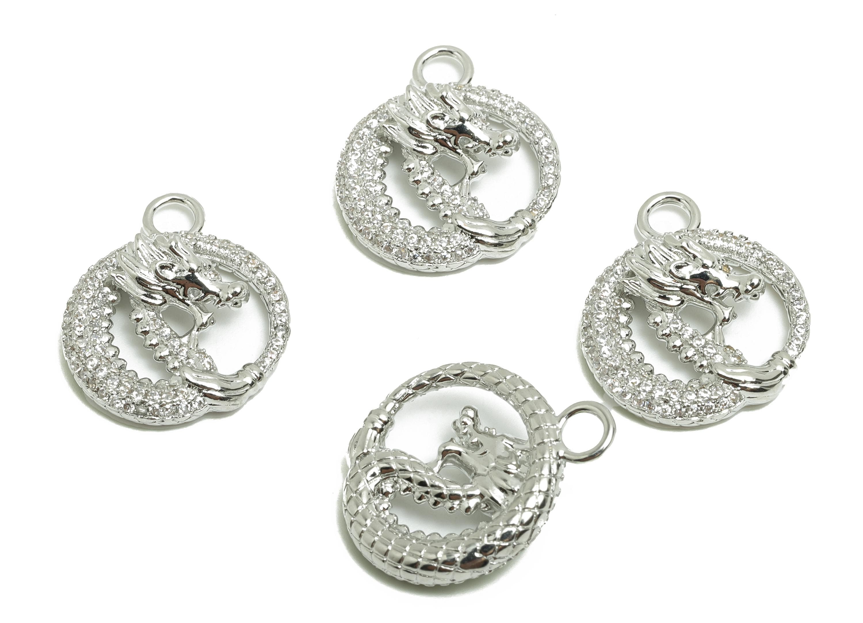 Brass  Earring Charm - Brass Textured Dragon Charm - Brass Animal Silver Pendant - 18K Real White Gold Plating - 19.2x16.7x6mm - RGP9992 - DOMEDBAZAAR