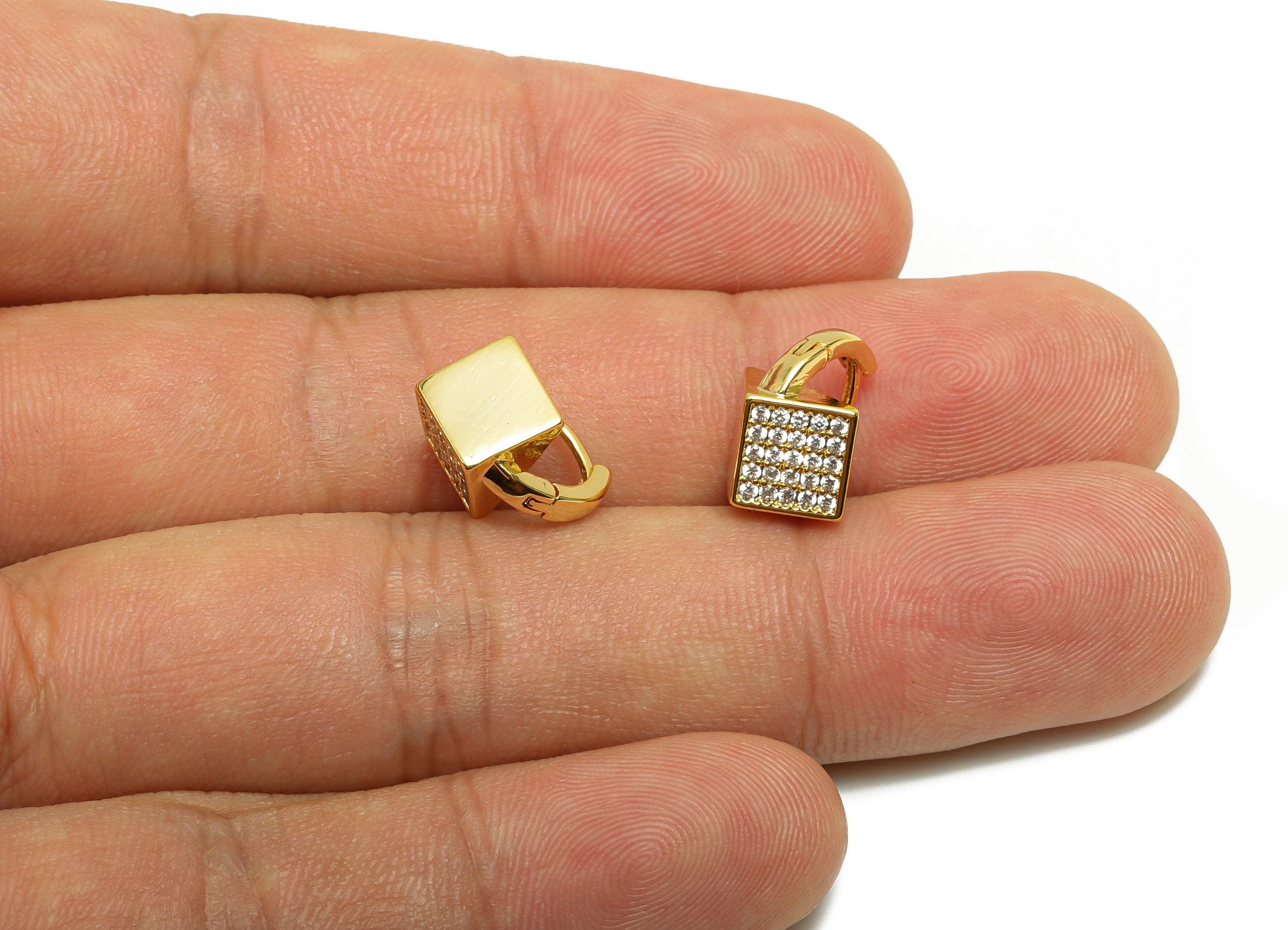 Brass Cube Hoop Earring - Gold Zircon Square Earring - CZ Cube Huggie Hoop Earring Clasps- 18K Real Gold Plating - 12.3x12x7.4mm - RGP8790 - DOMEDBAZAAR