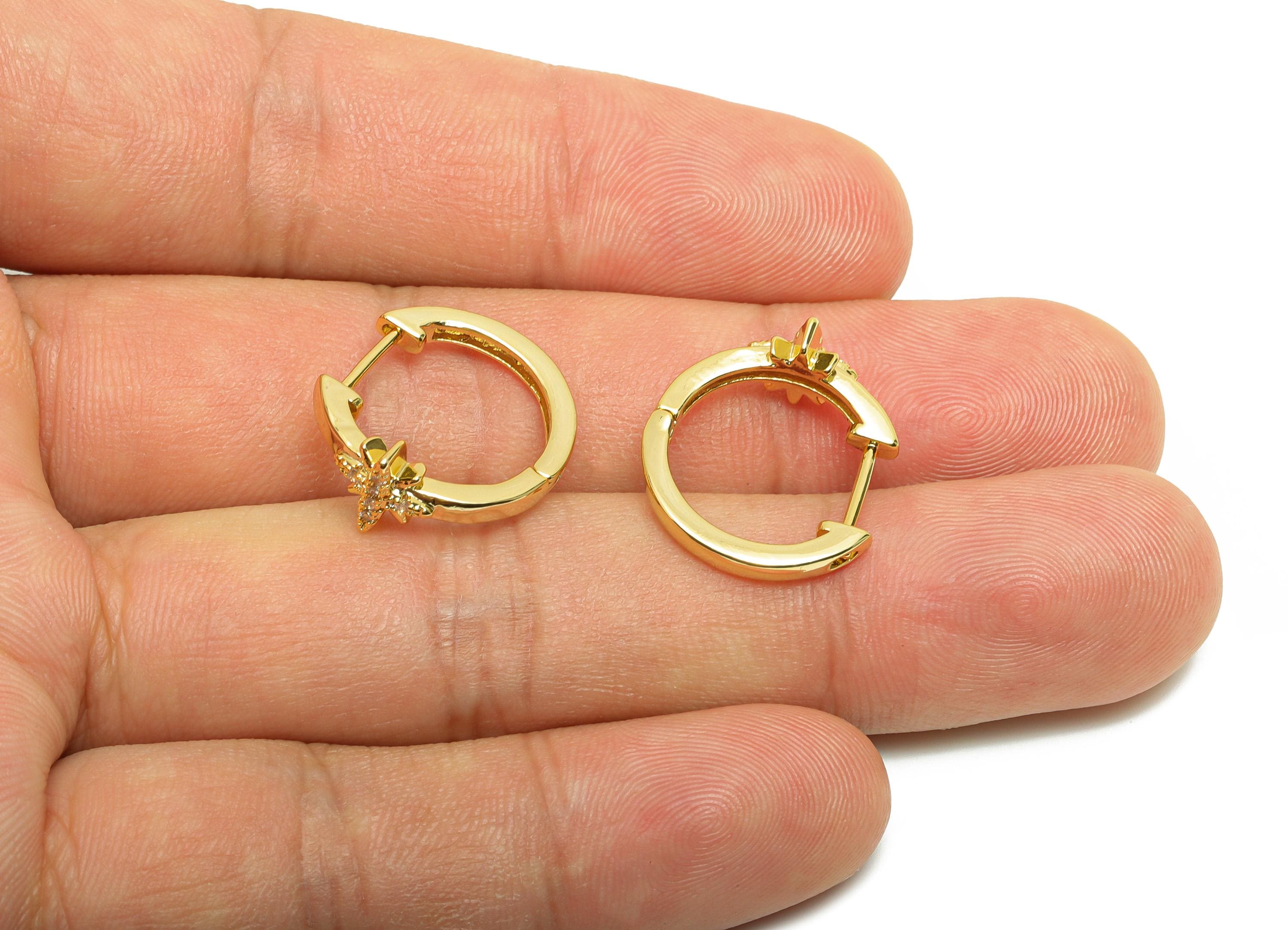 Brass Huggie Hoop Earring - Zircon North Star Earring for Women - Gold Daily Wear Ear Clasp - 18K Real Gold Plating - 18.7x17x7.7mm- RGP8801 - DOMEDBAZAAR
