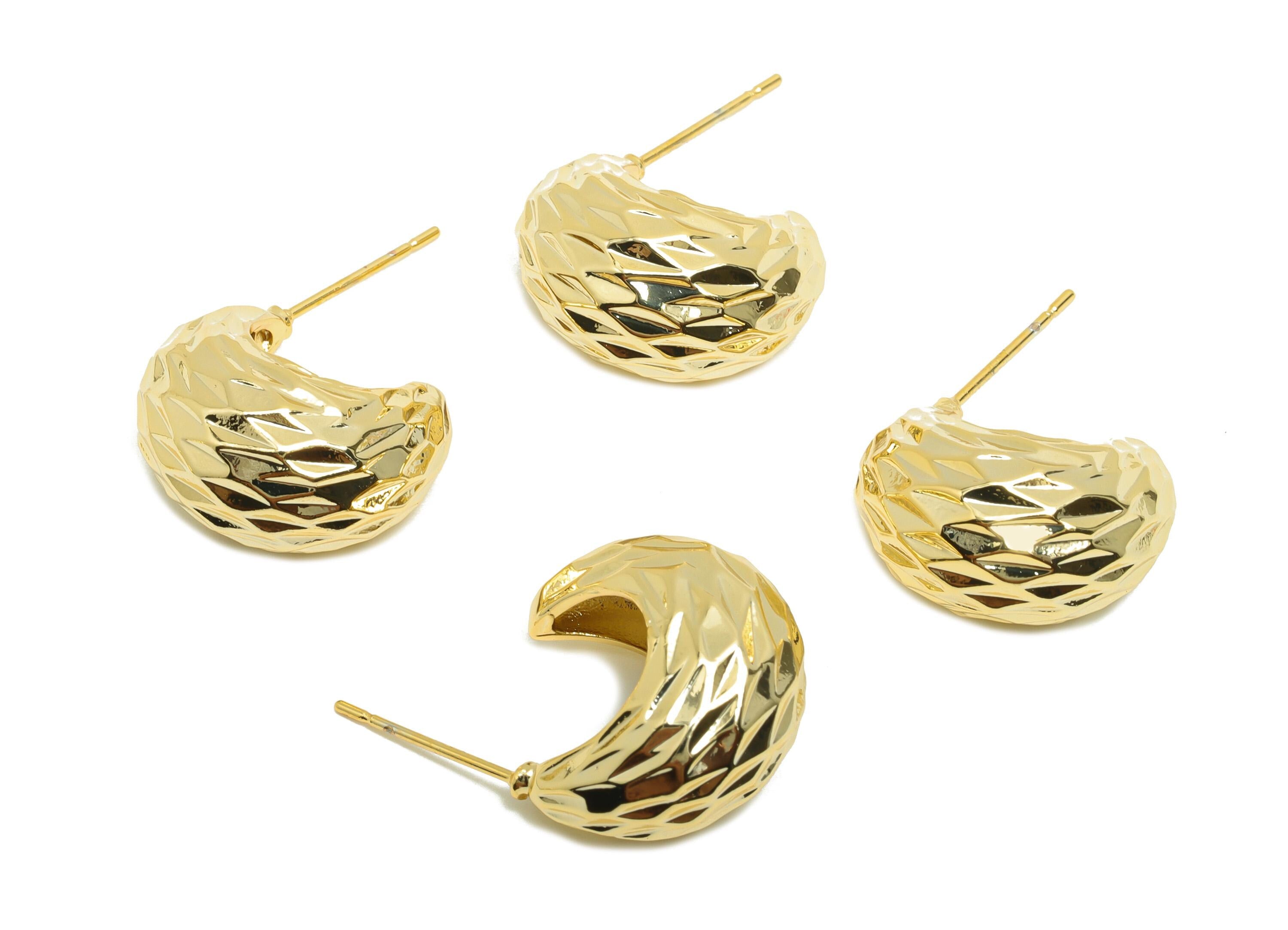 Brass Moon C Hoop Earring - Gold Textured Earring Stud for Woman&#39;s - Thick Moon Earring Post - 18K Real Gold Plated - 28x17.6x10mm - RGP8804 - DOMEDBAZAAR