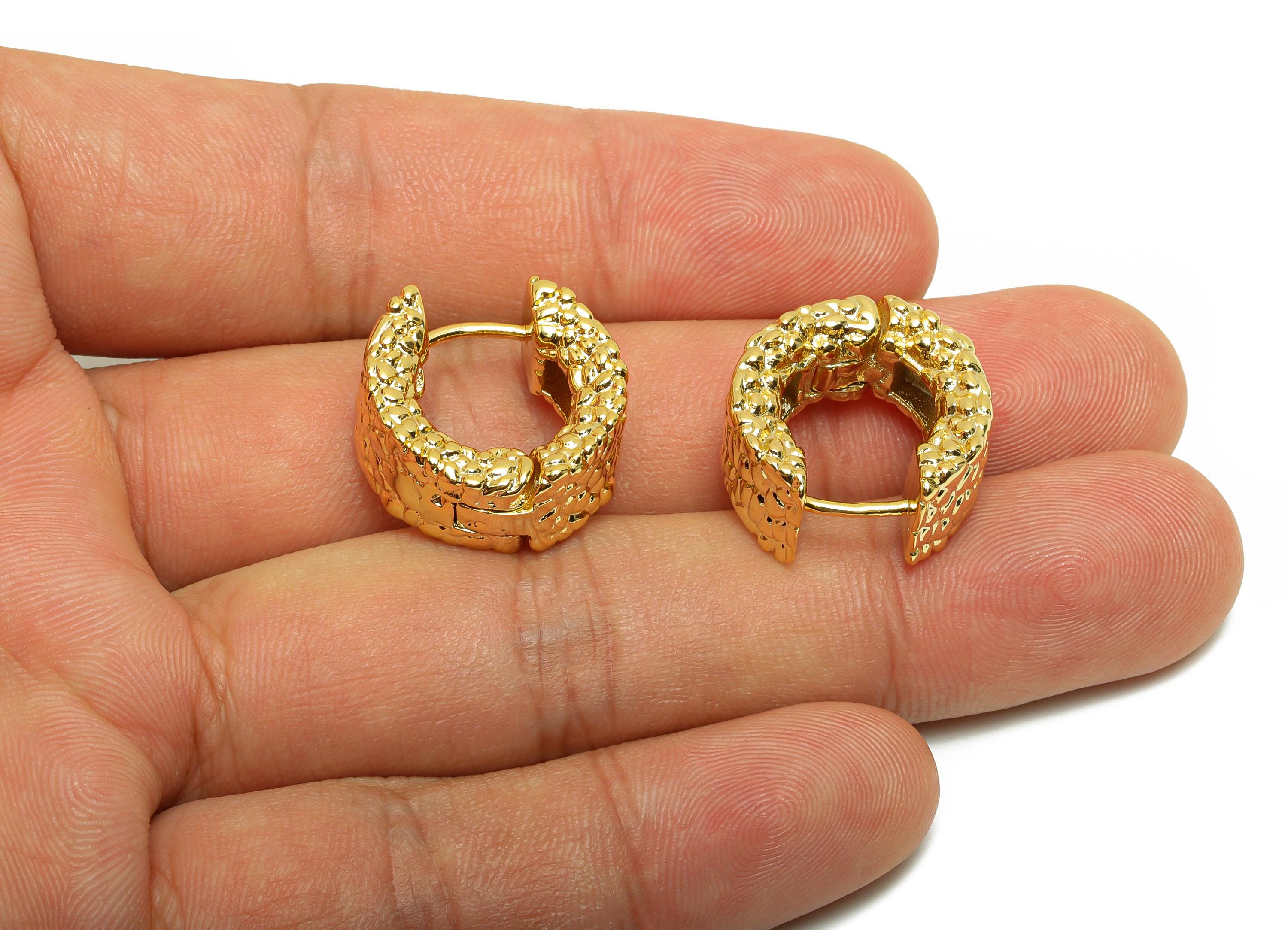 Brass Hammered Earring - Gold Thick Hoop Earring - Textured Huggie Hoop Earring for Ladies - 18K Real Gold Plating - 19x19x9.05mm - RGP8808 - DOMEDBAZAAR