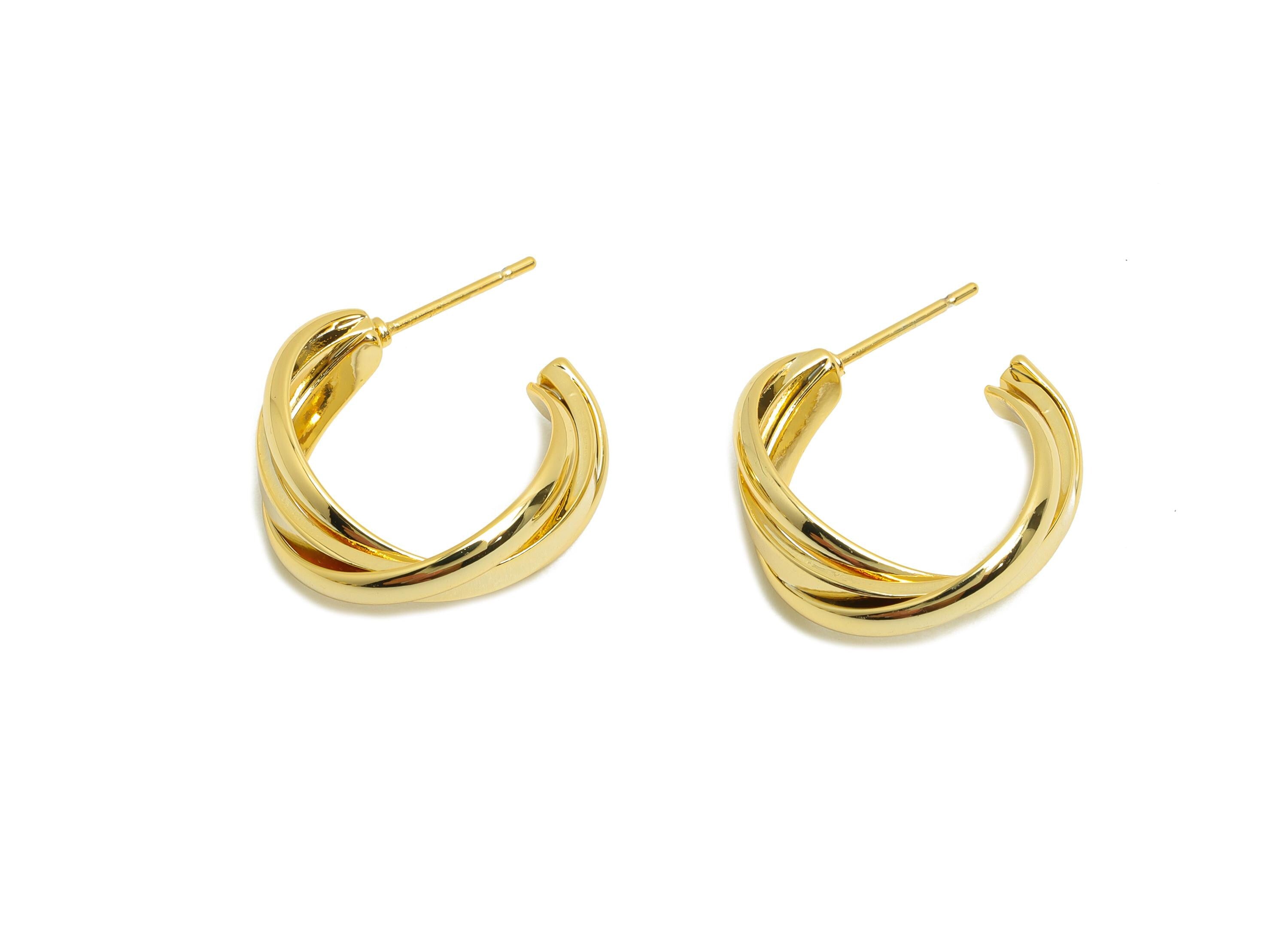 Brass Open C Hoop Earring - Gold Textured Ear Stud for Woman&#39;s - Open Round Earring Post - 18K Real Gold Plated - 19.87x20.03x2.5mm- RGP8692 - DOMEDBAZAAR