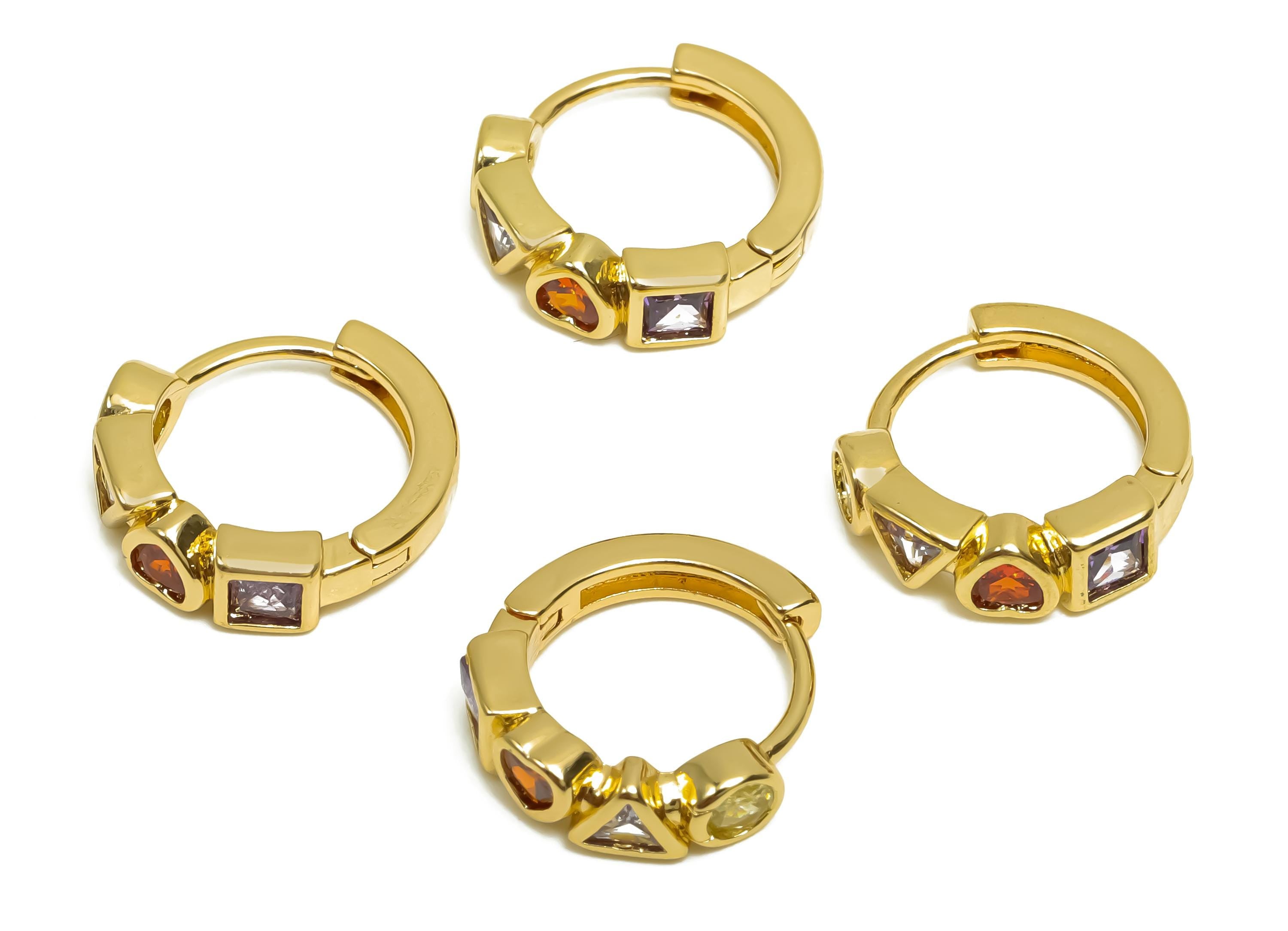 Brass CZ Hoop Earring - Rainbow Zircon Huggie Hoop Earring - Geometry Hoop Earring Clasp - 18K Real Gold Plating - 14.3x13.5x4mm - RGP8371 - DOMEDBAZAAR