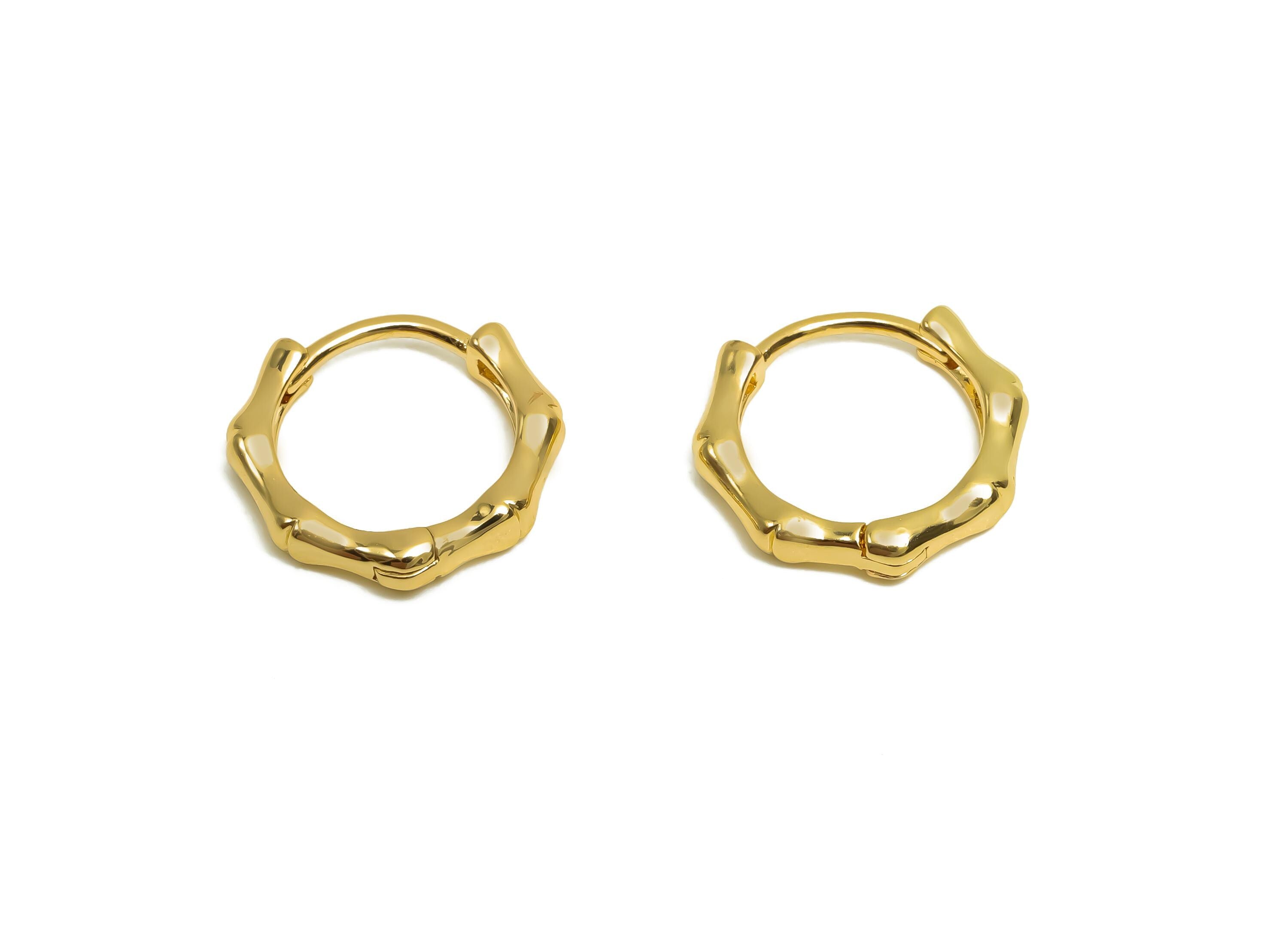 Brass Hoop Earring - Brass Bamboo Huggie Hoop Earring - Brass Round Hoop Earring Clasp - 18K Real Gold Plating - 13.9x13.02x2.5mm - RGP8366 - DOMEDBAZAAR